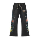ALMOST SOMEDAY Outward Thermal Flares in Vintage Black, flat lay front view with multicolor flame graphic, star scatter, and Almost Someday shield badge