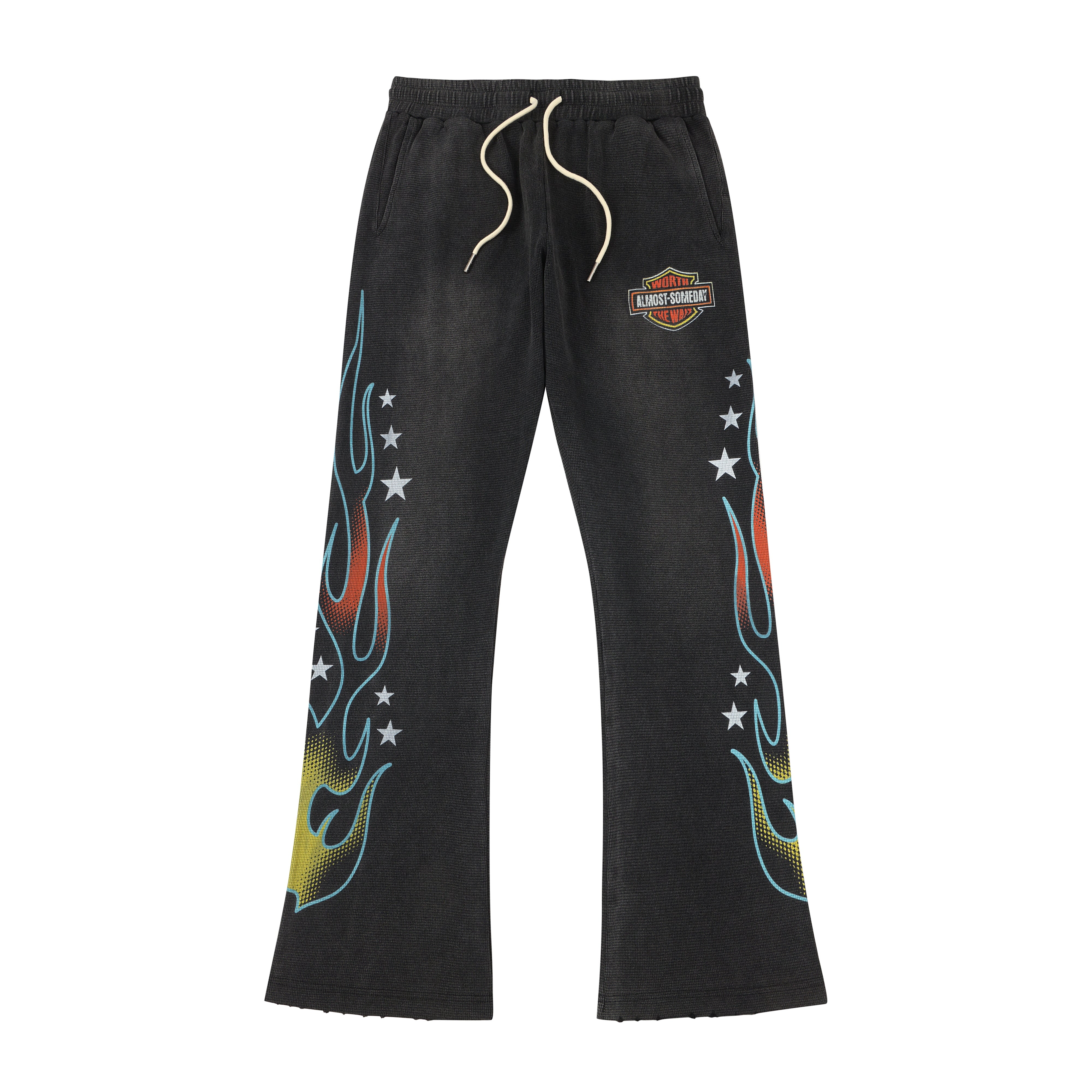 ALMOST SOMEDAY Outward Thermal Flares in Vintage Black, flat lay front view with multicolor flame graphic, star scatter, and Almost Someday shield badge