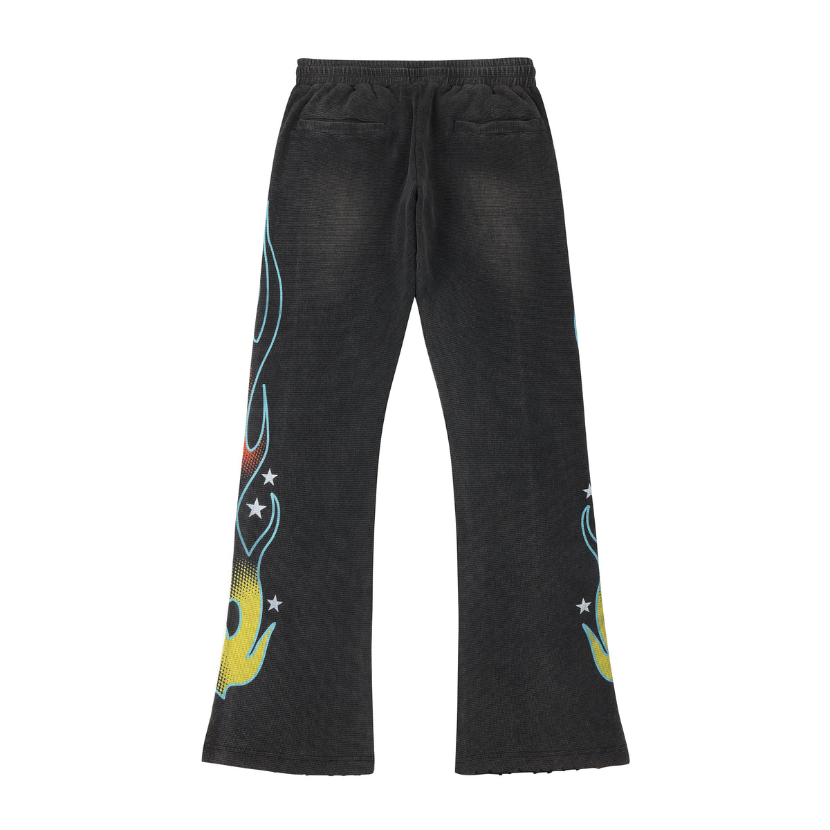 ALMOST SOMEDAY Outward Thermal Flares in Vintage Black, on-figure front view showing flame graphic running up both legs and cream rope drawstring