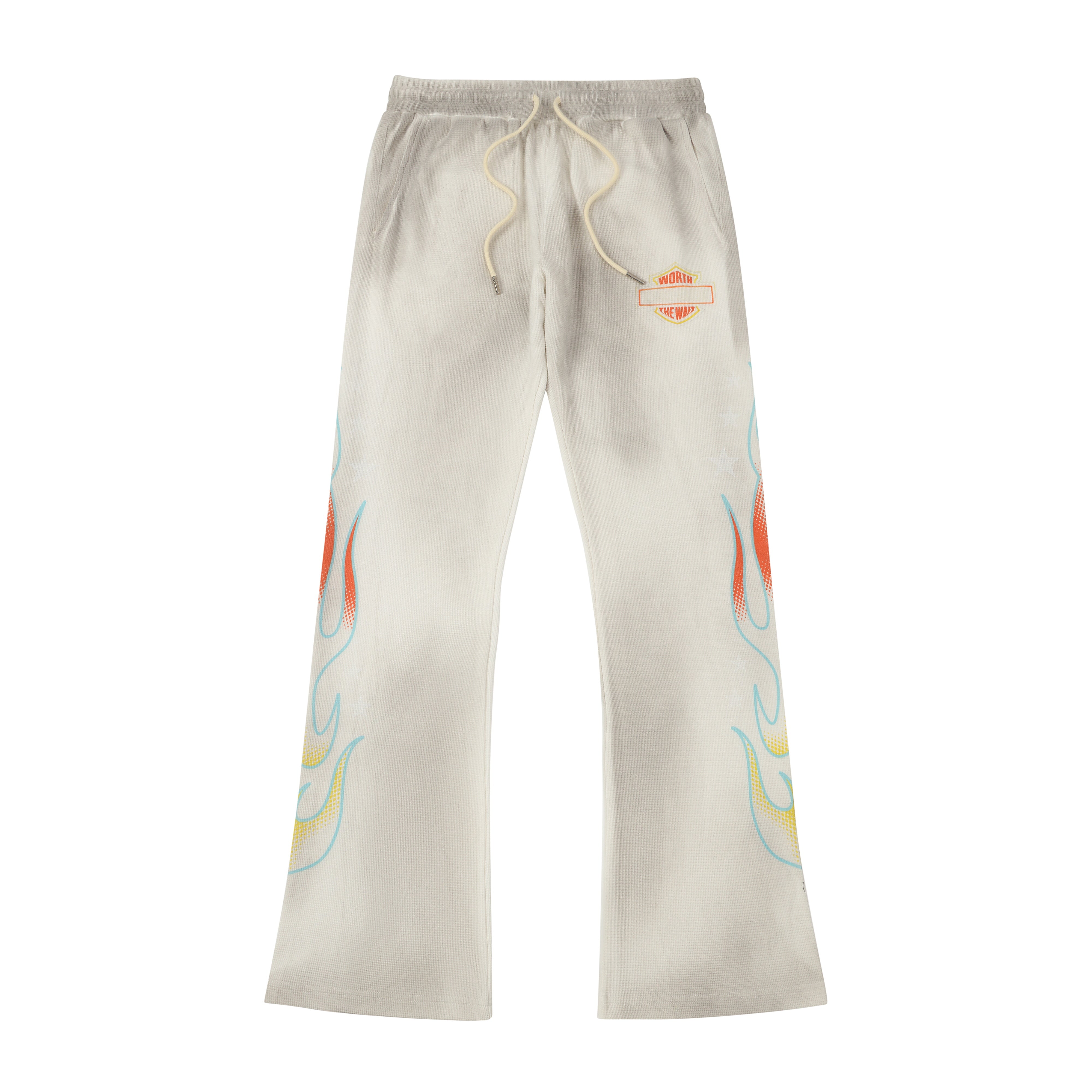 ALMOST SOMEDAY Outward Thermal Flares in Dirty Wash White, on-figure front view showing flame graphic running up both legs and cream rope drawstring