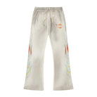 ALMOST SOMEDAY Outward Thermal Flares in Dirty Wash White, on-figure front view showing flame graphic running up both legs and cream rope drawstring