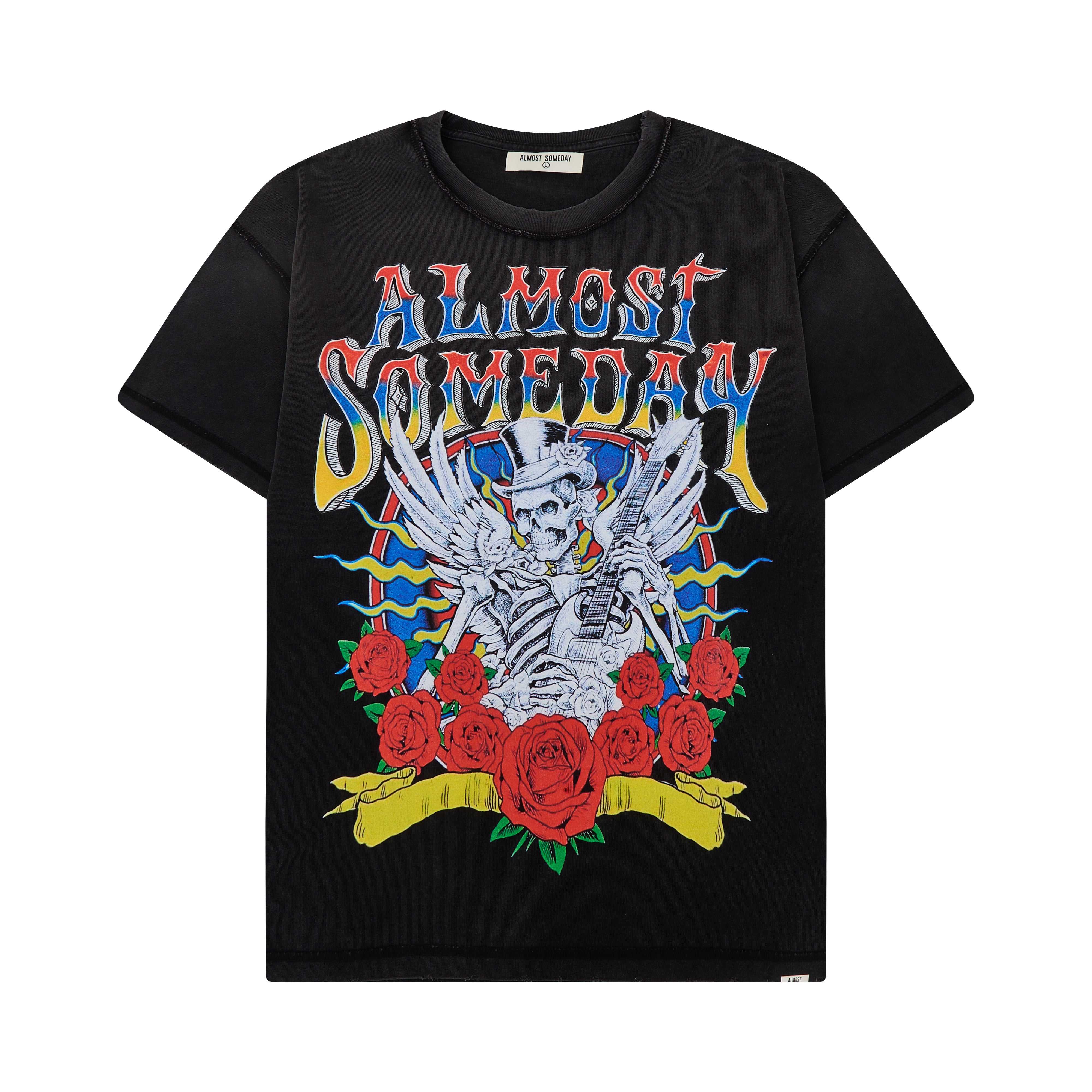 Black t-shirt with colorful graphic design featuring a skeleton and roses on a white background