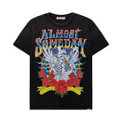 Black t-shirt with colorful graphic design featuring a skeleton and roses on a white background