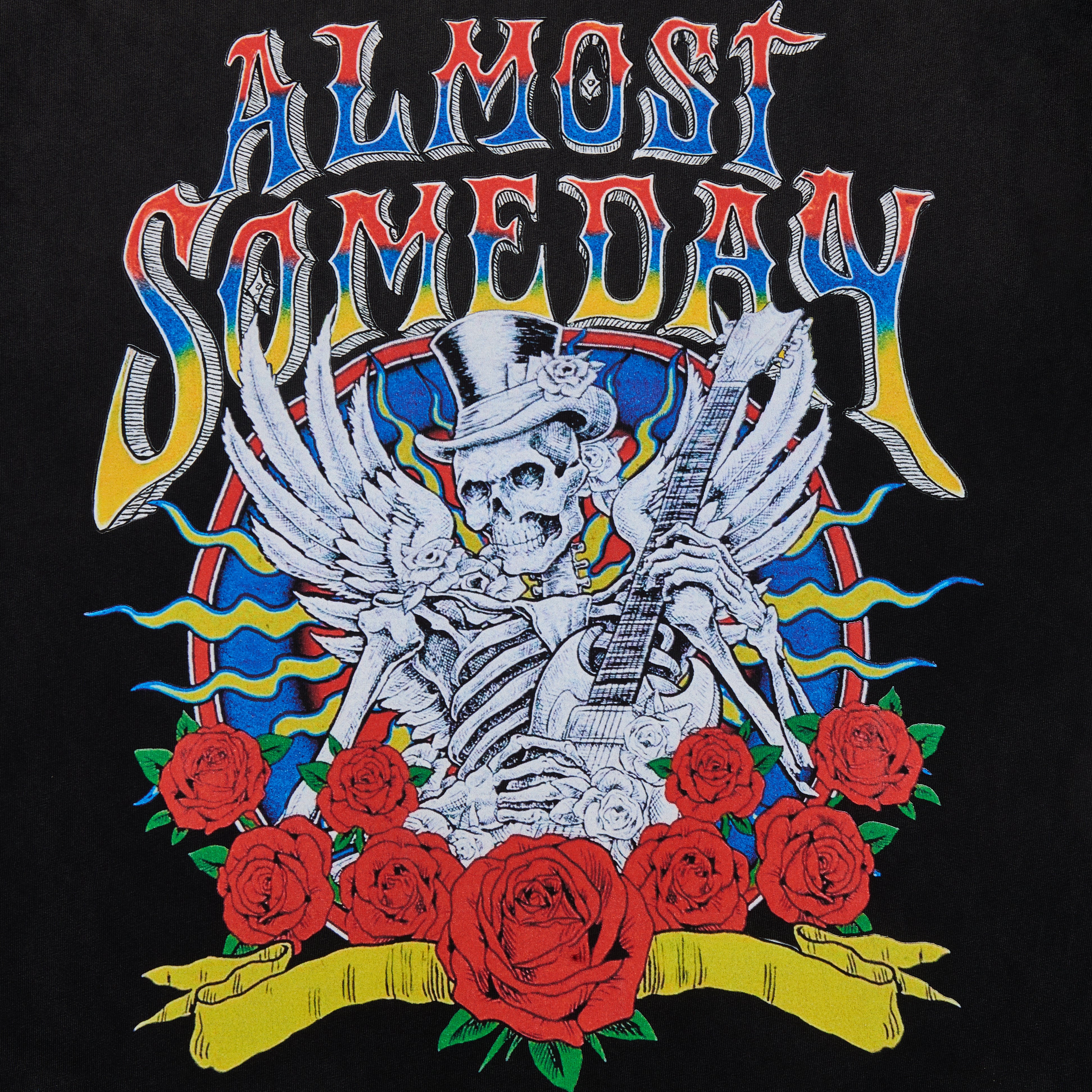 T-shirt design with a skeleton playing guitar surrounded by roses and 'Almost Someday' text.