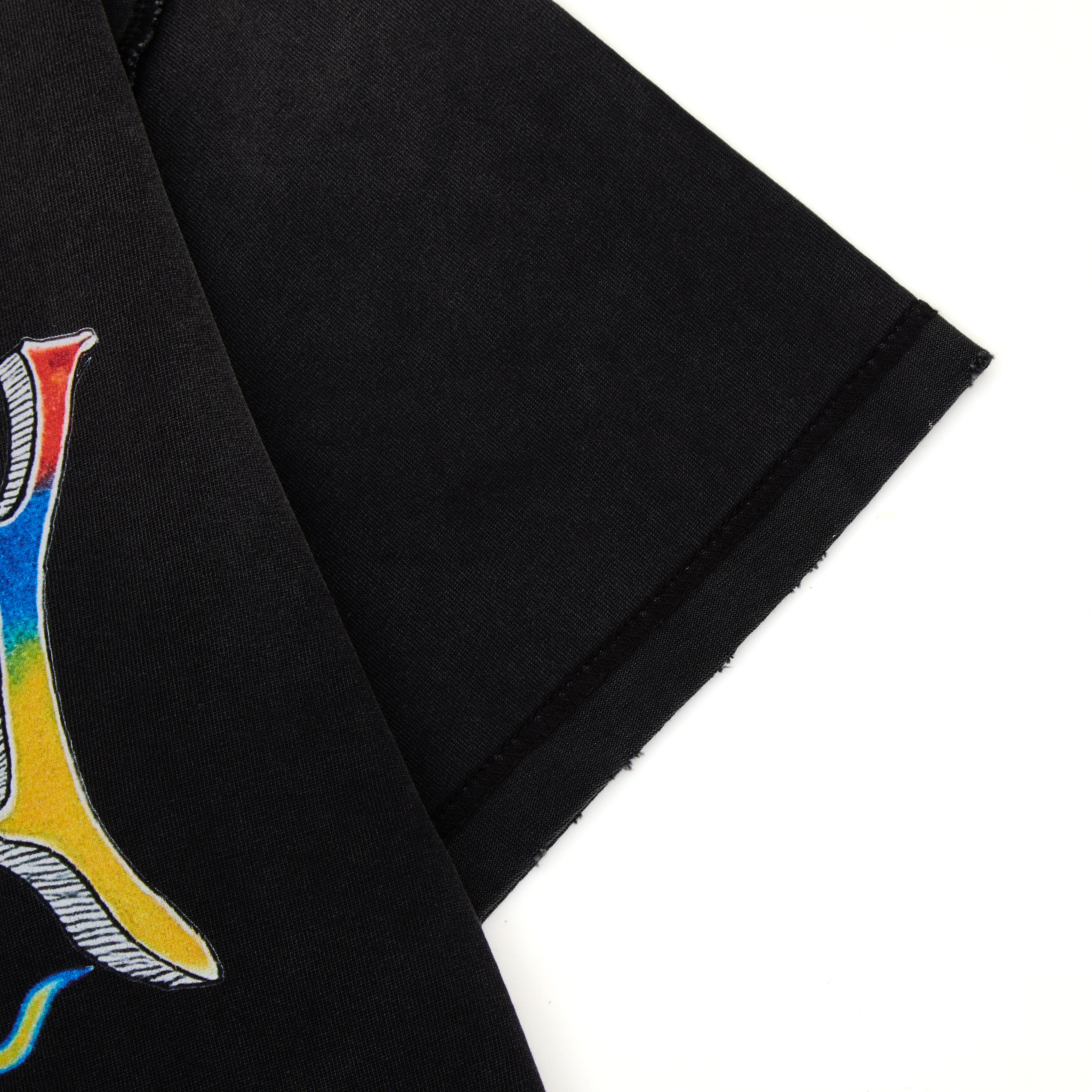 Black fabric with a colorful logo on a white background
