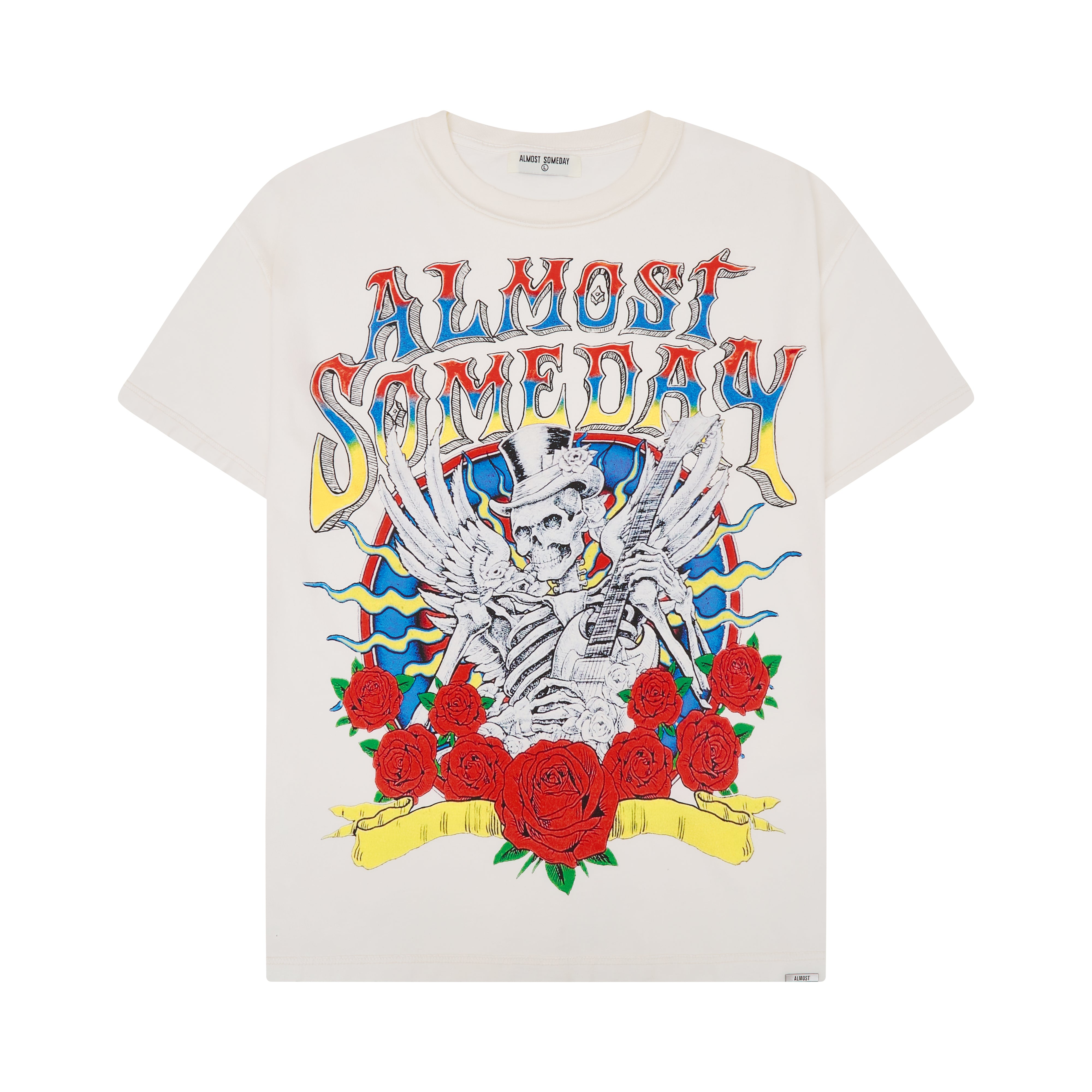 Cream t-shirt with colorful graphic design featuring a skeleton, roses, and text on a white background