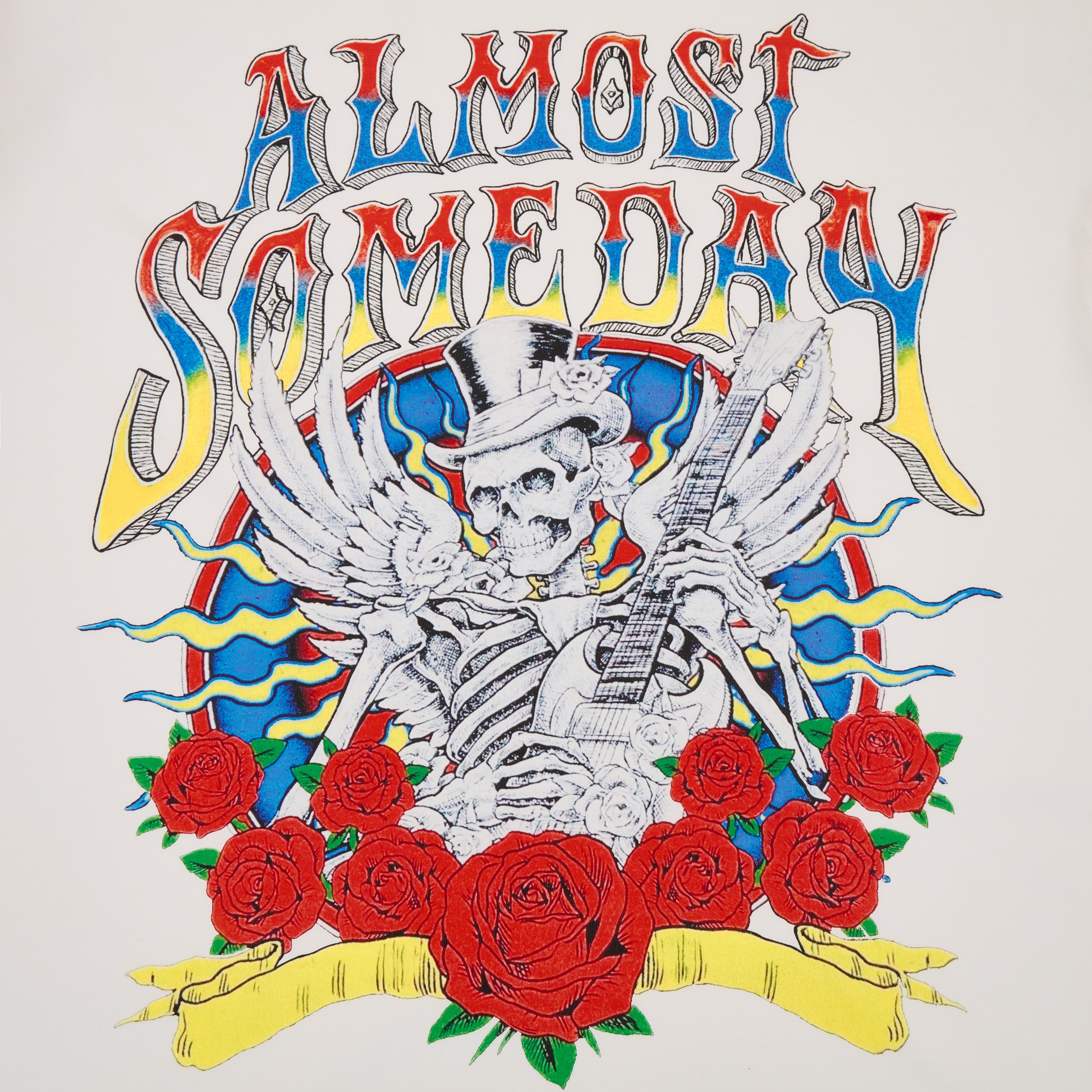 Graphic design with skeleton playing guitar, roses, and 'Almost Someday' text on a colorful background.