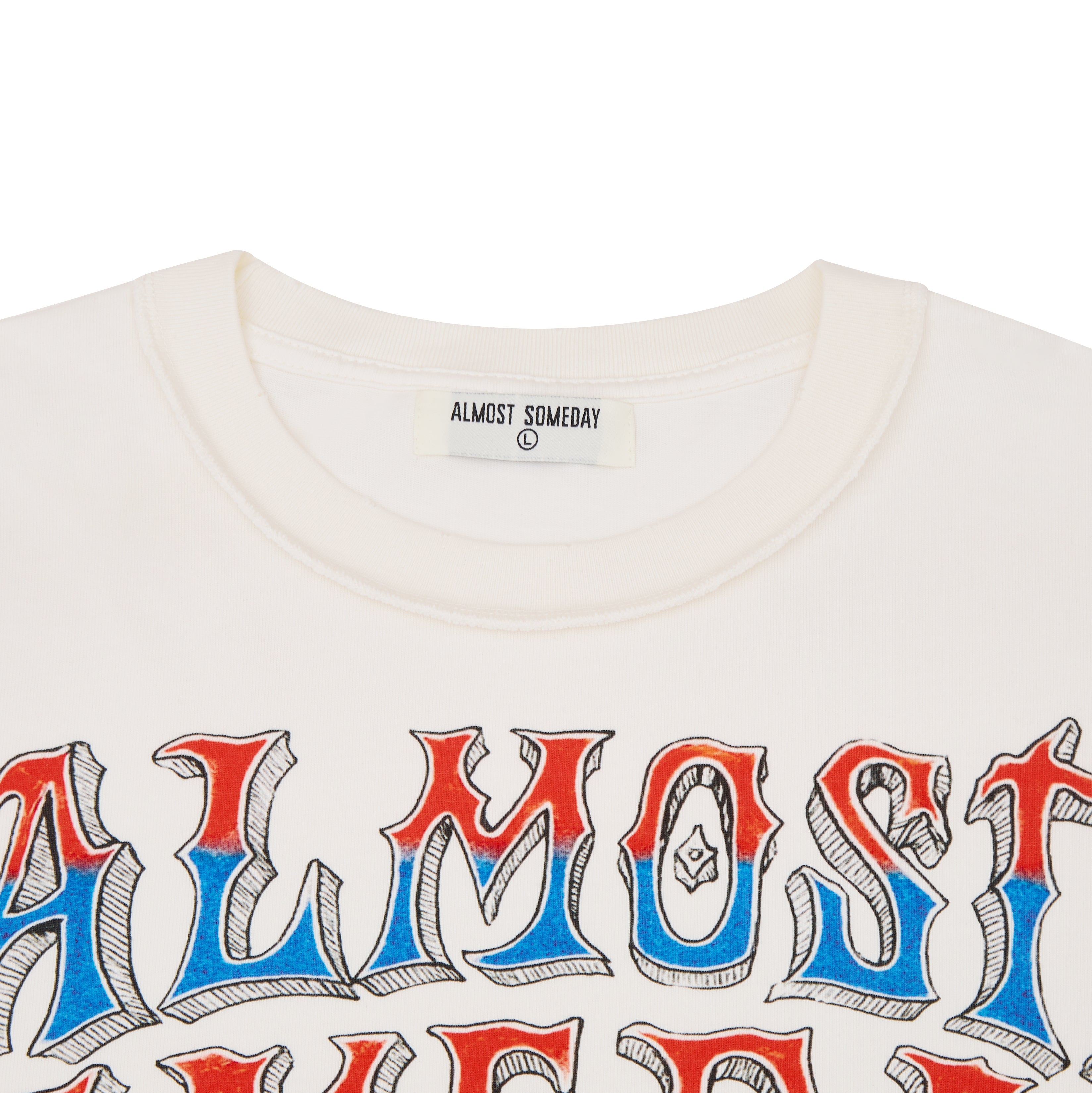 White t-shirt with 'ALMOST SOMEDAY' text design and 'Almost Someday' brand label.