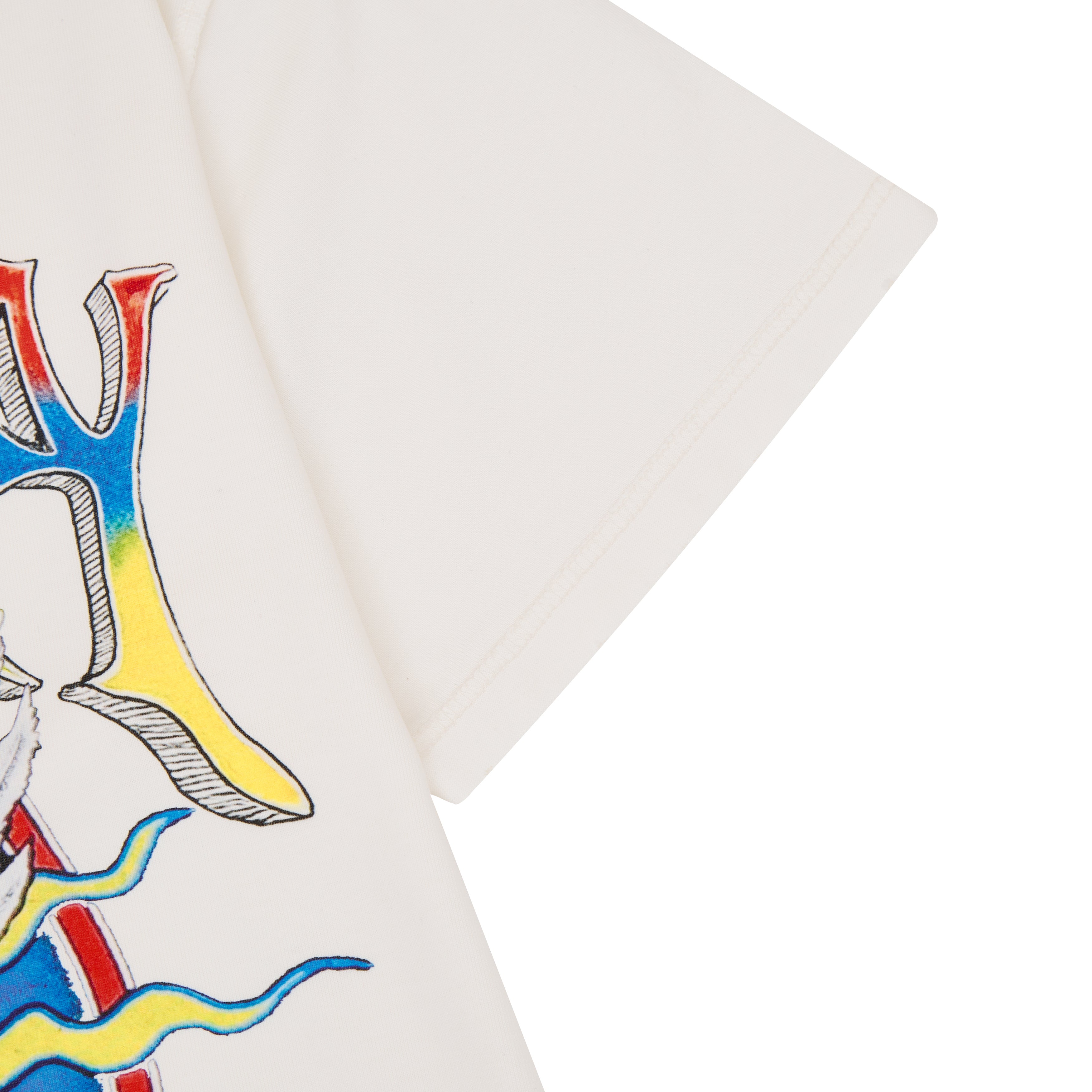 Cream t-shirt with colorful graphic design on a white background