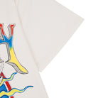 Cream t-shirt with colorful graphic design on a white background