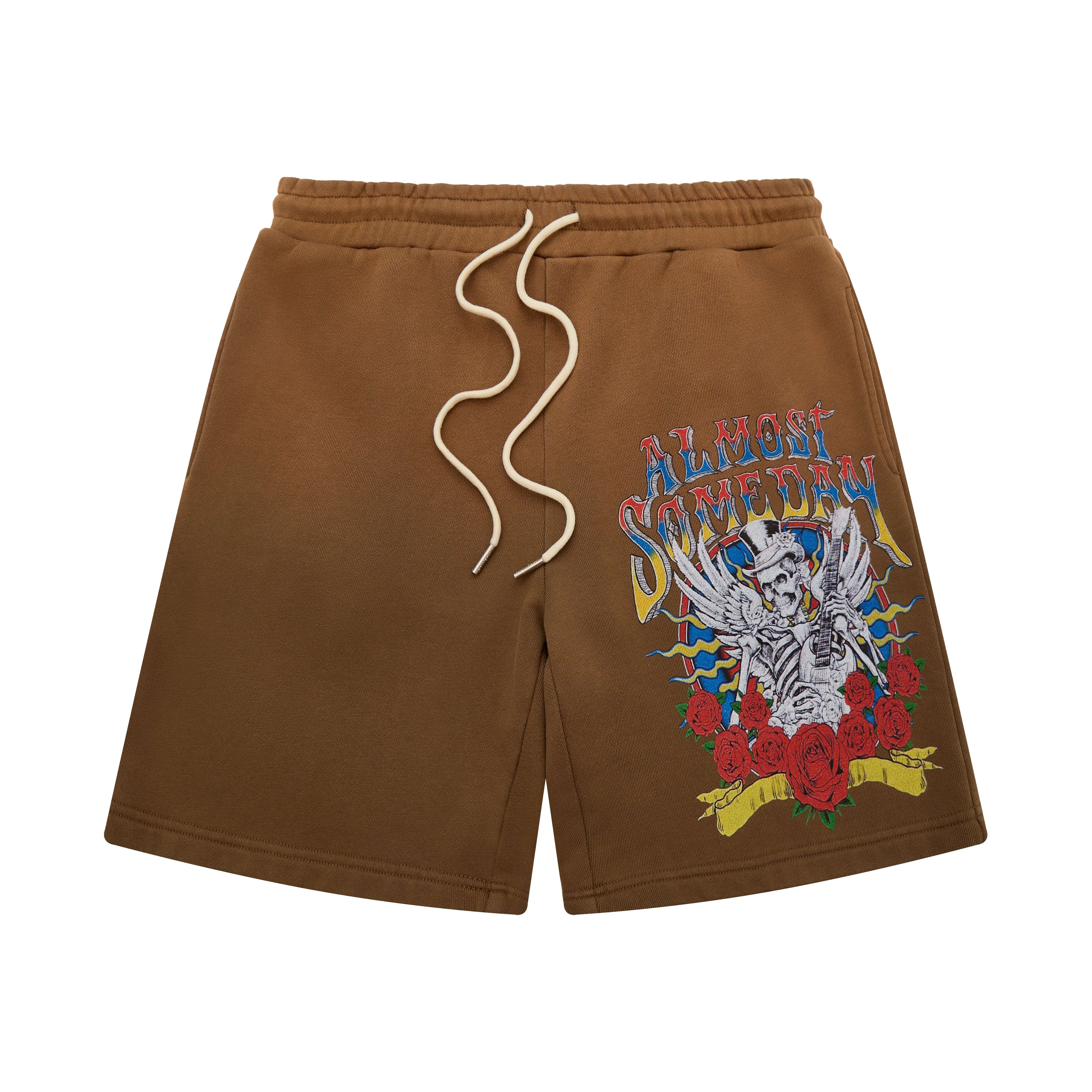 Brown shorts with a colorful graphic design on a white background