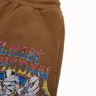 Brown sweatshorts with colorful graphic design on a white background