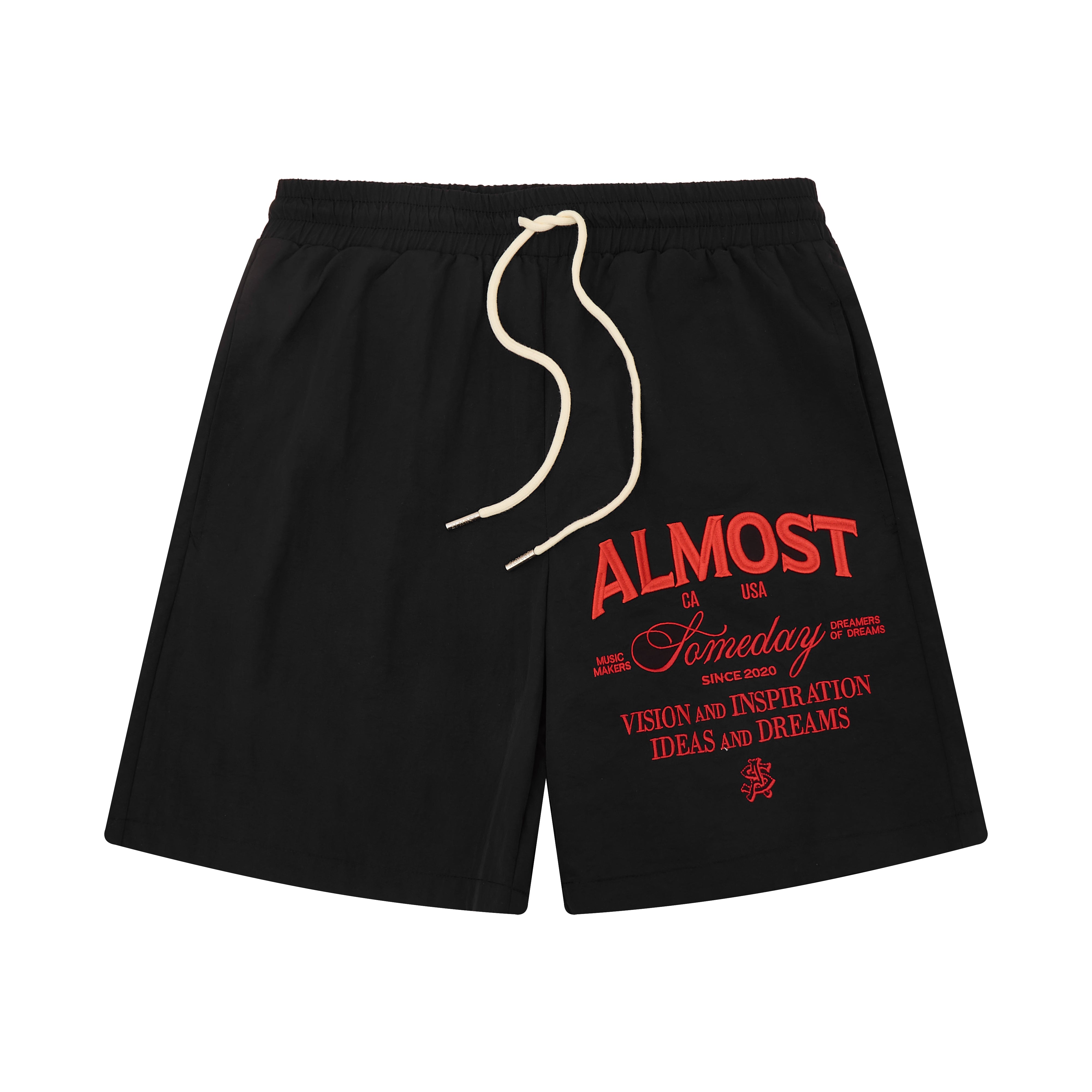 Black shorts with red and white text on a white background