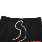 Black shorts with a red logo and white drawstring on a white background