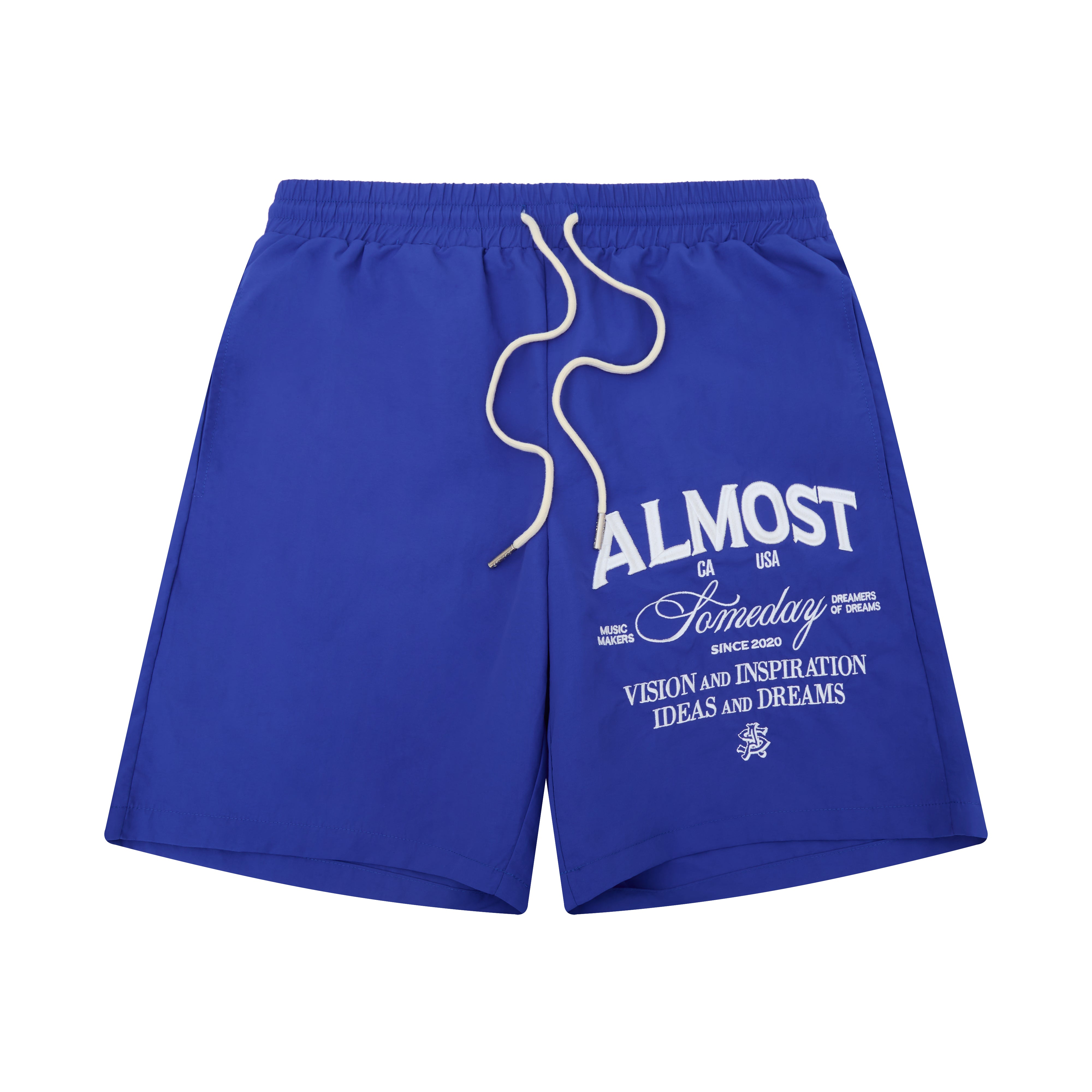 Blue shorts with white text on a white background