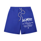 Blue shorts with white text on a white background