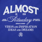 Blue shorts with white text and graphics on a blue background