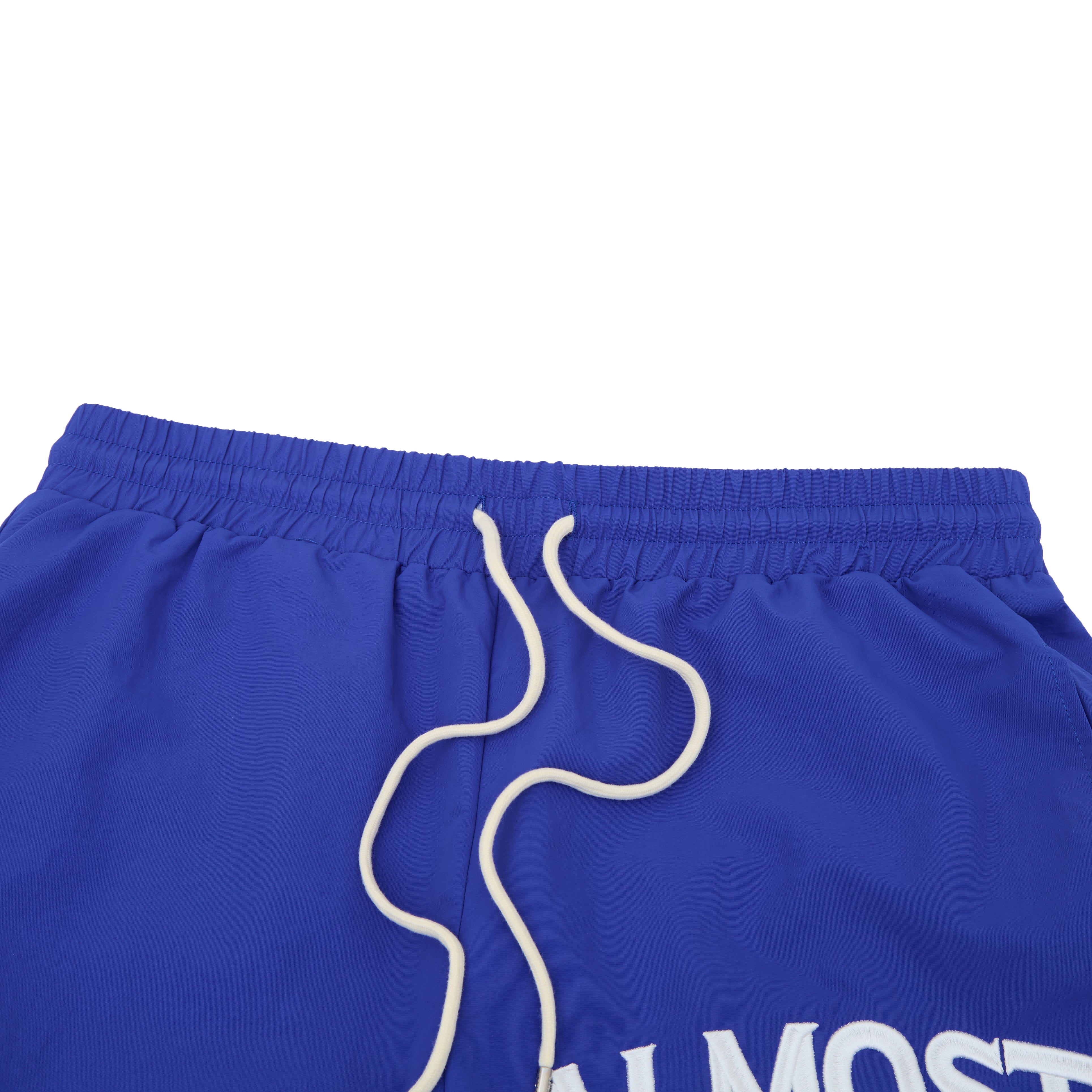 Blue shorts with a white drawstring on a white background