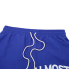 Blue shorts with a white drawstring on a white background