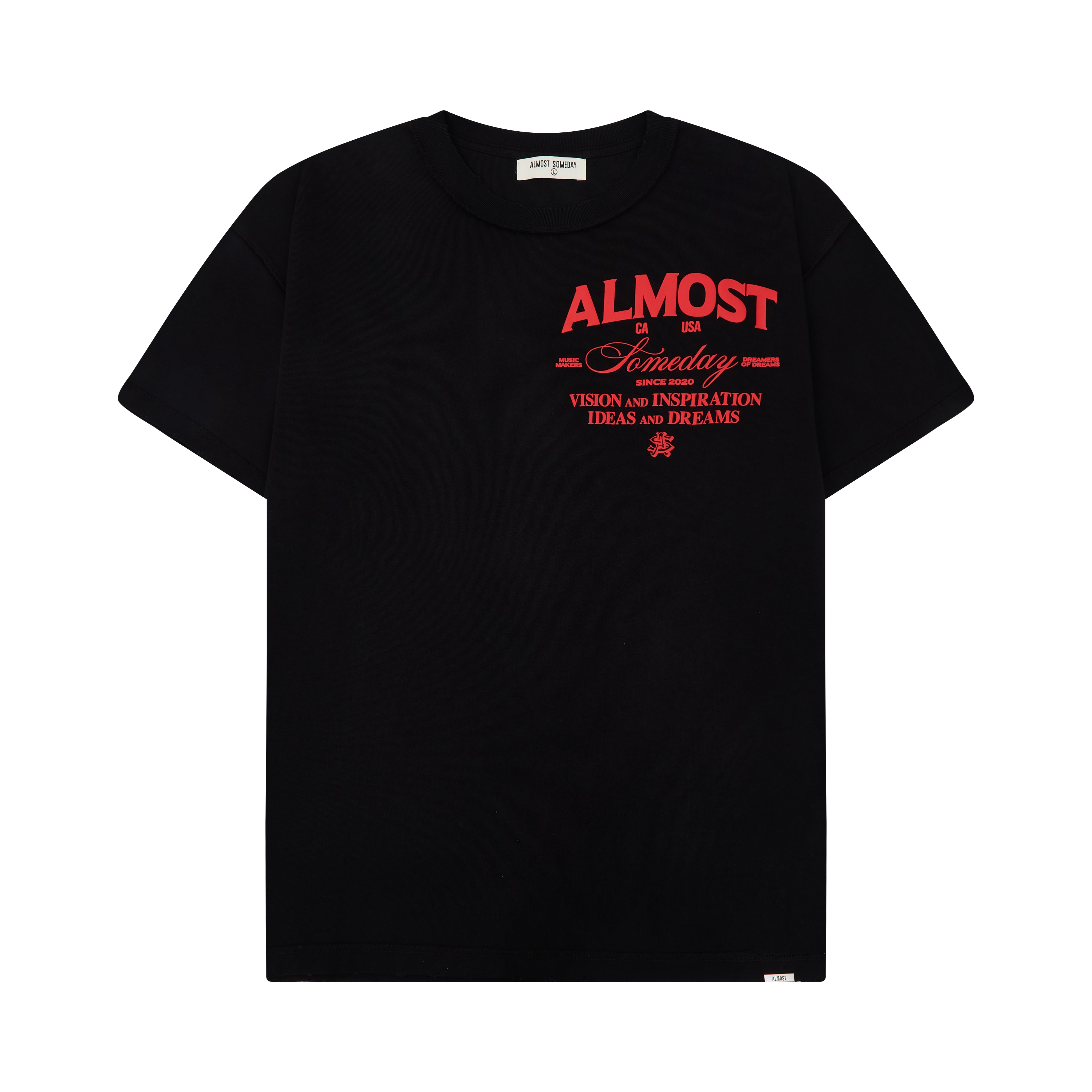 Black t-shirt with red text on a white background