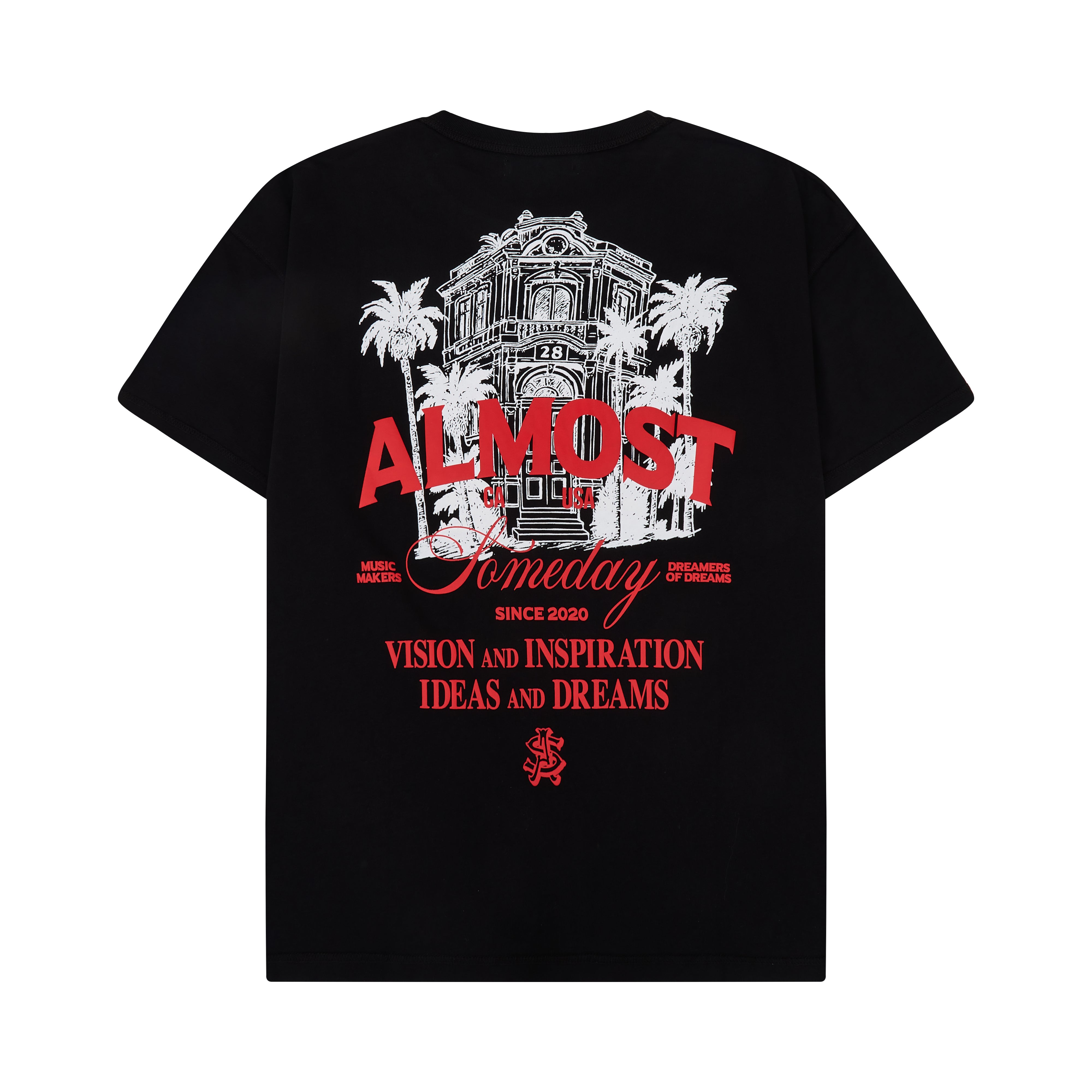 Black t-shirt with red and white graphic design on a white background