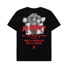 Black t-shirt with red and white graphic design on a white background