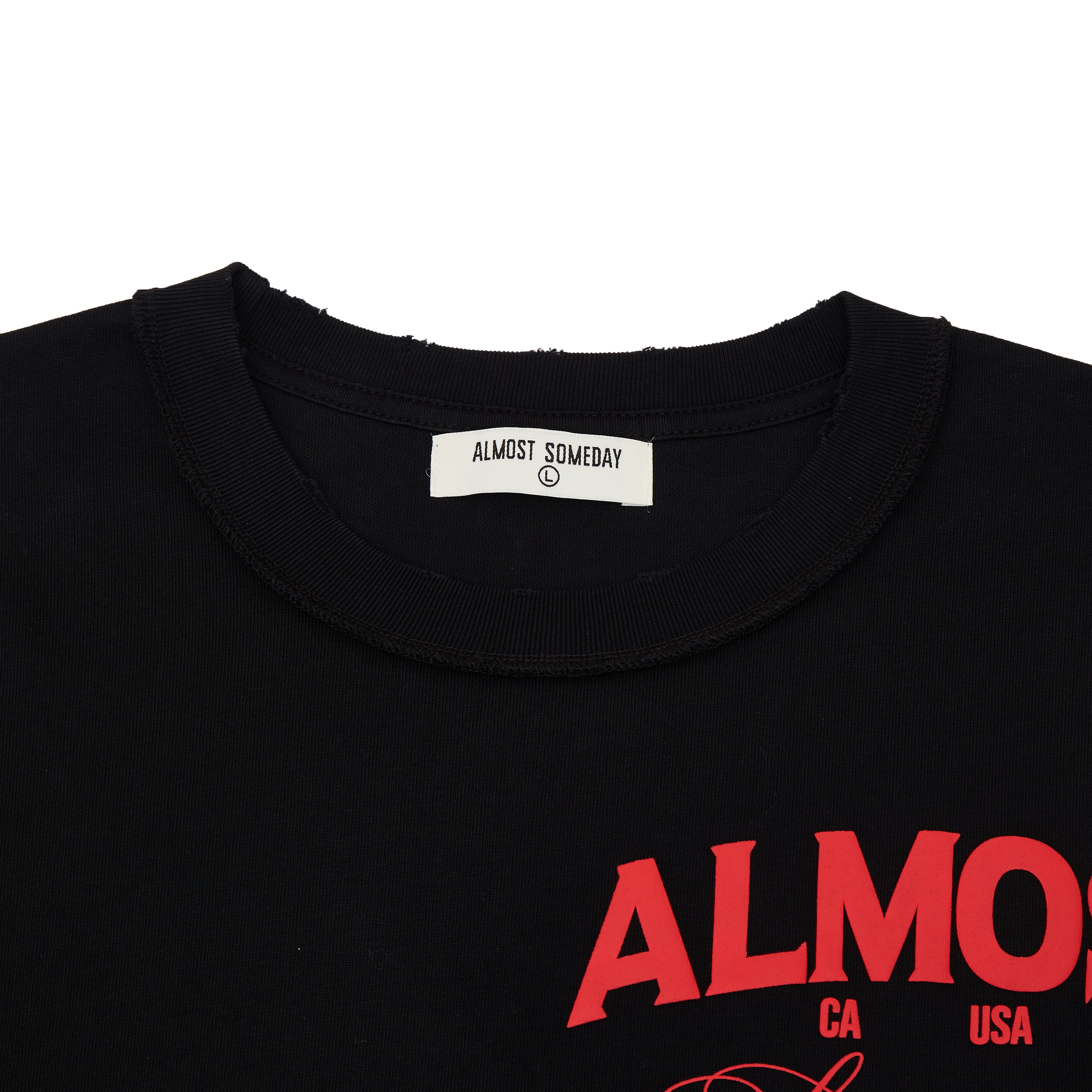 Black tshirt with red text and 'Almost Someday' label on a white background