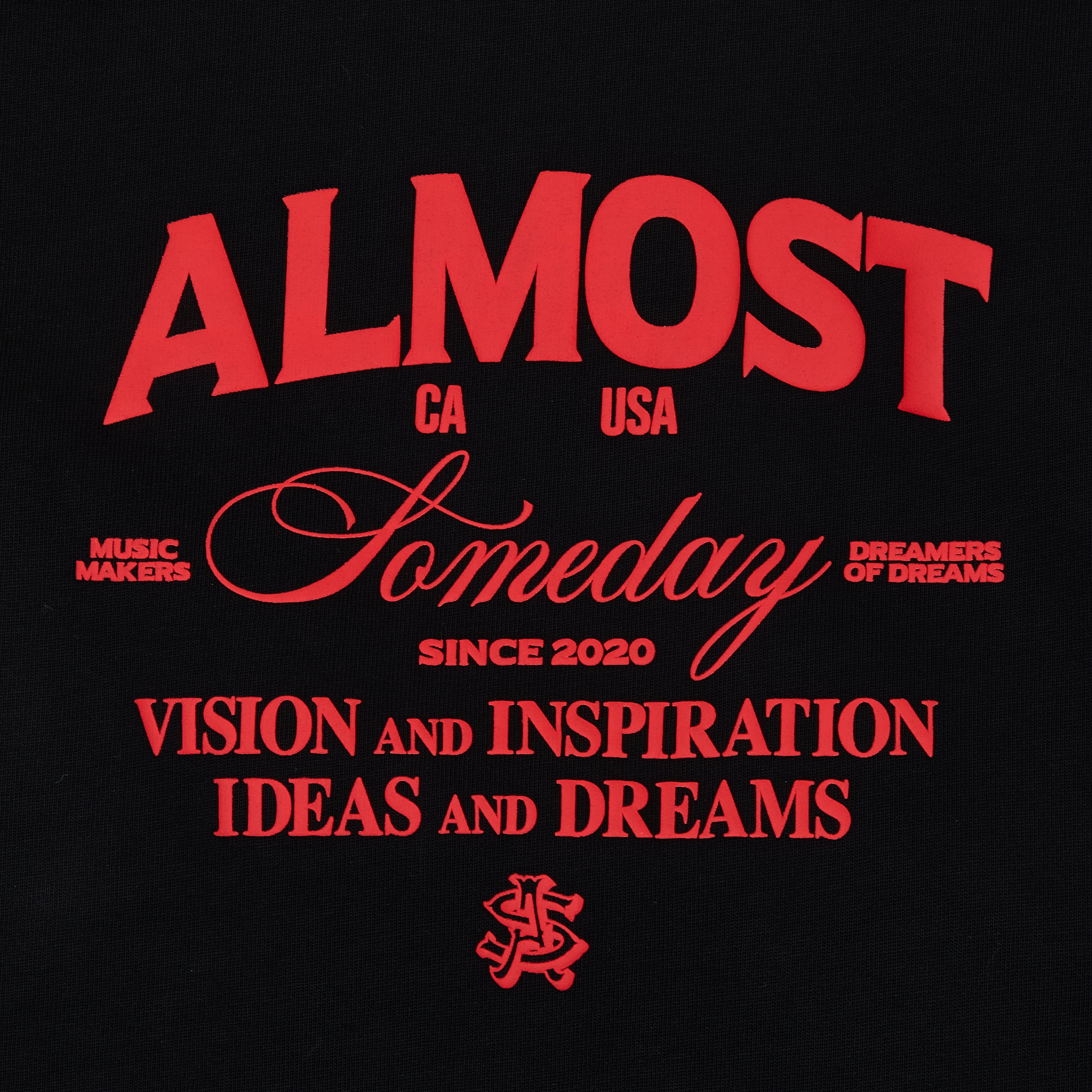 Black shirt with red graphic text and logo on a black background