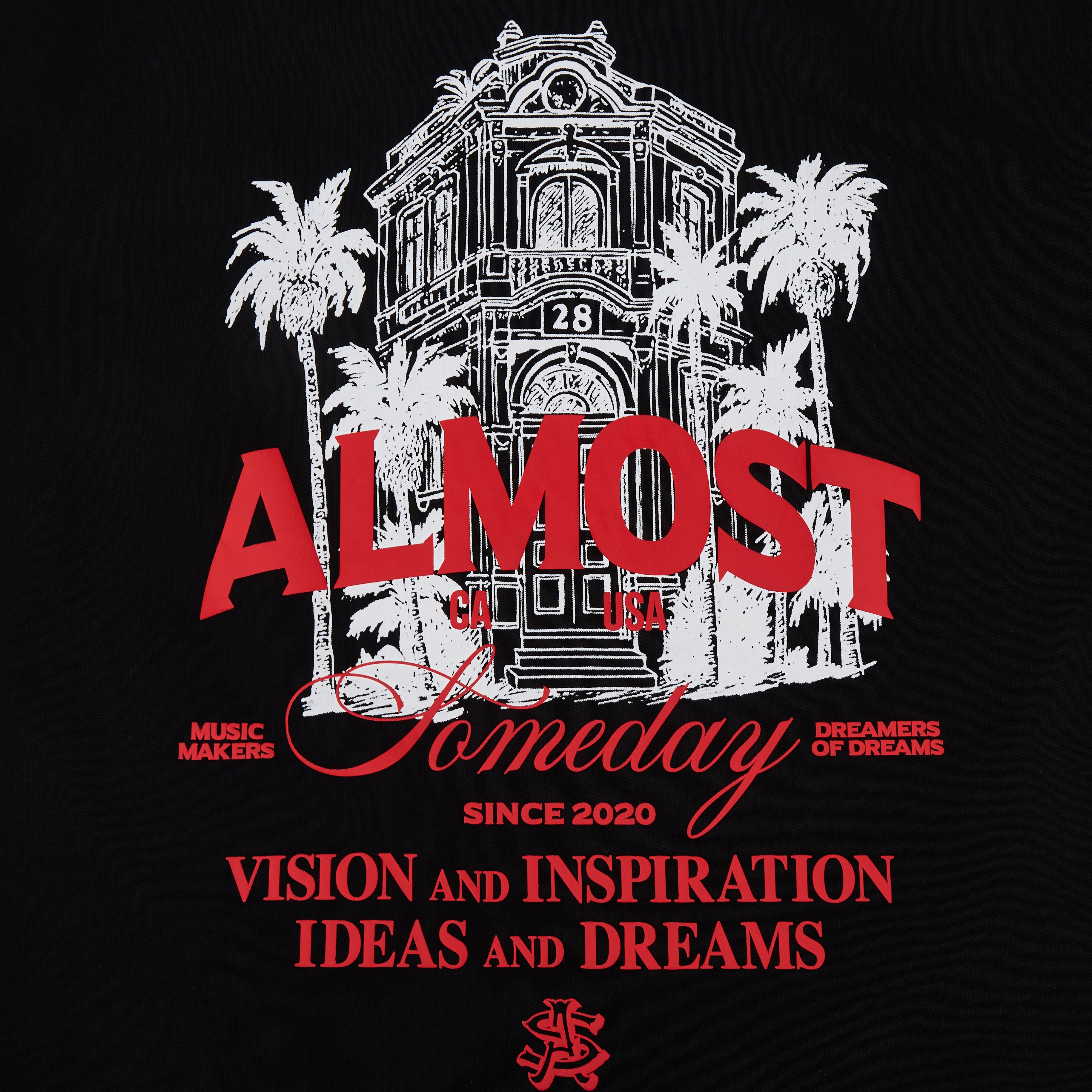 Black t-shirt with white and red text and graphics on a black background
