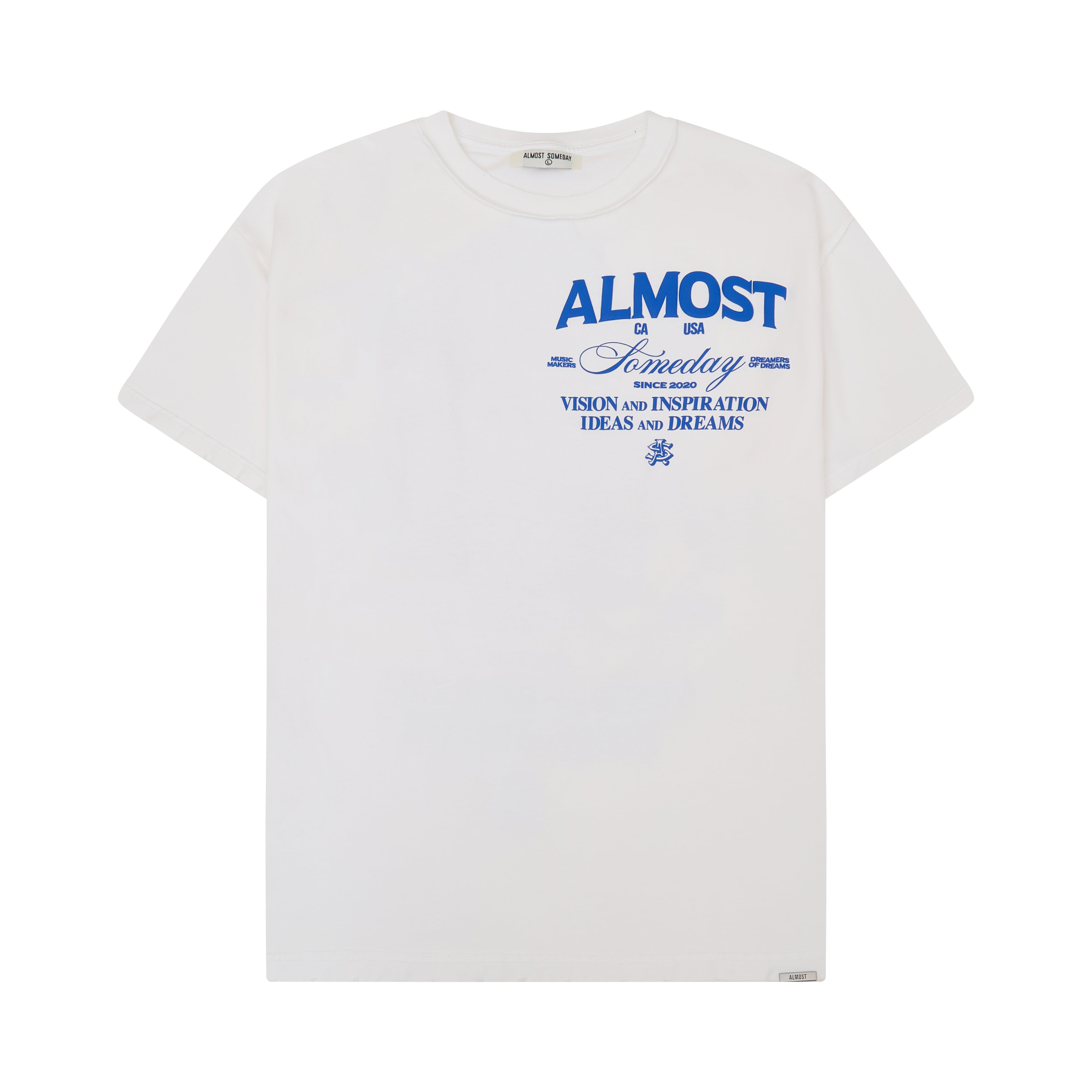 Cream t-shirt with blue text on a white background