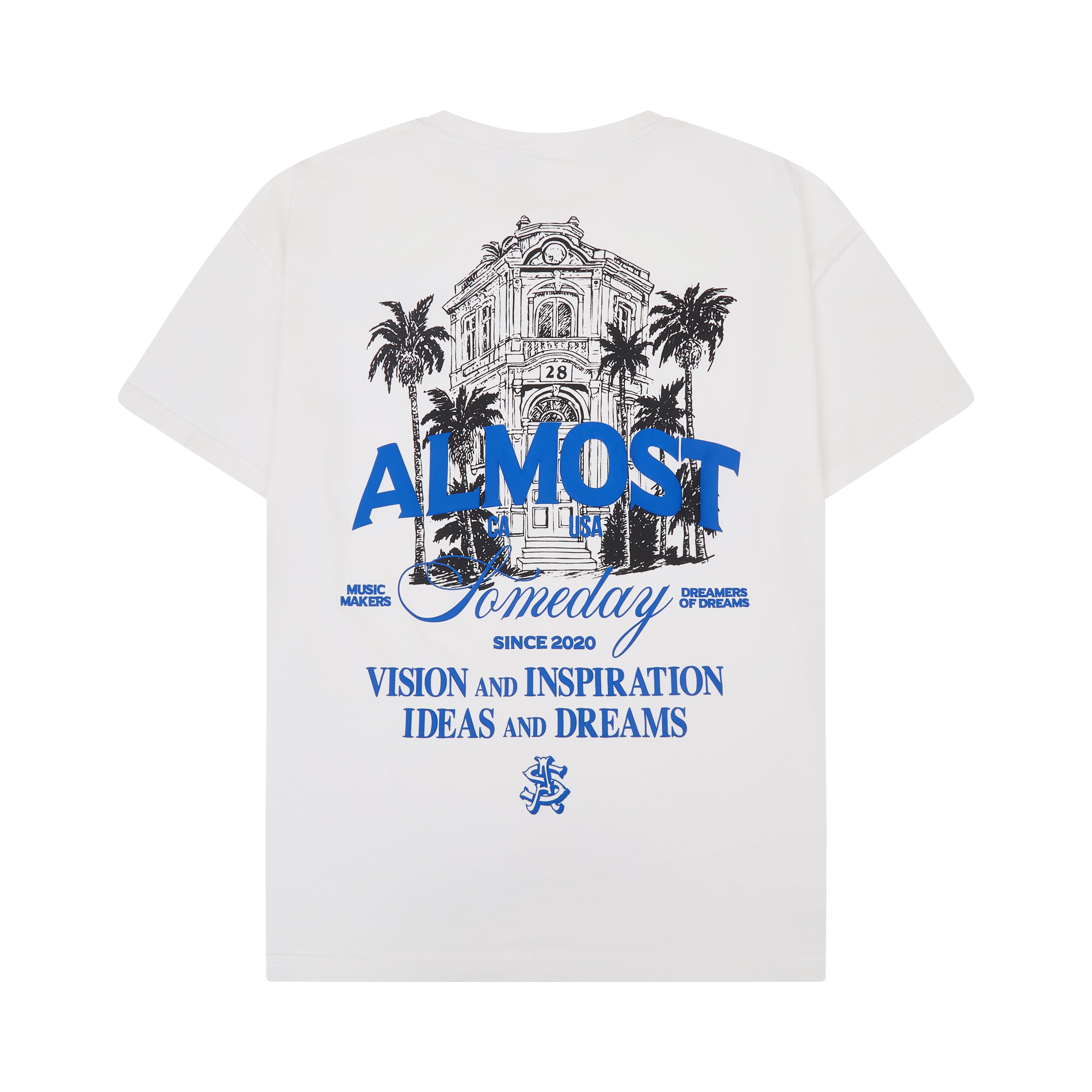 Cream t-shirt with blue graphic design and text on a white background