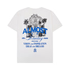 Cream t-shirt with blue graphic design and text on a white background