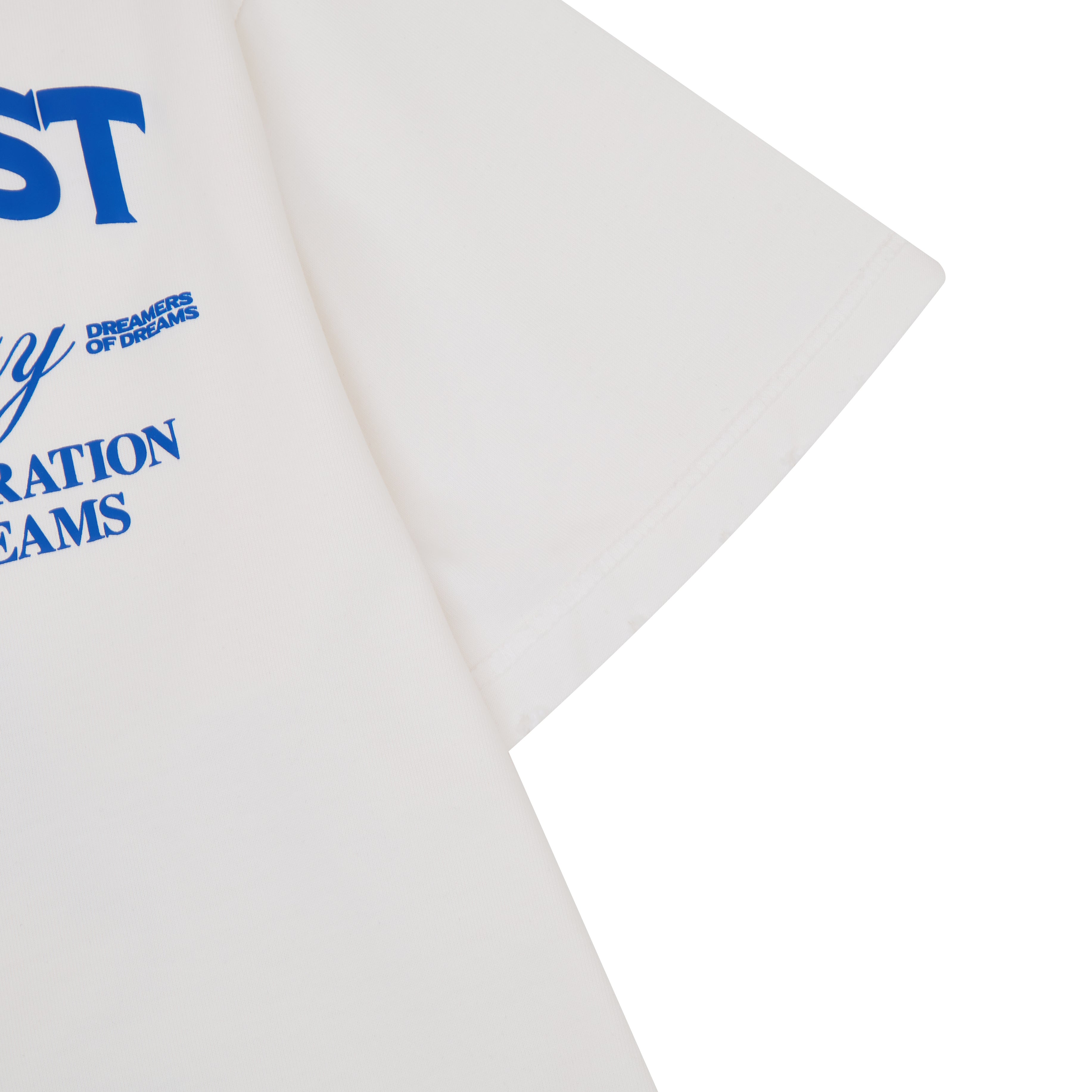 Cream t-shirt with blue text on a white background