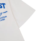 Cream t-shirt with blue text on a white background