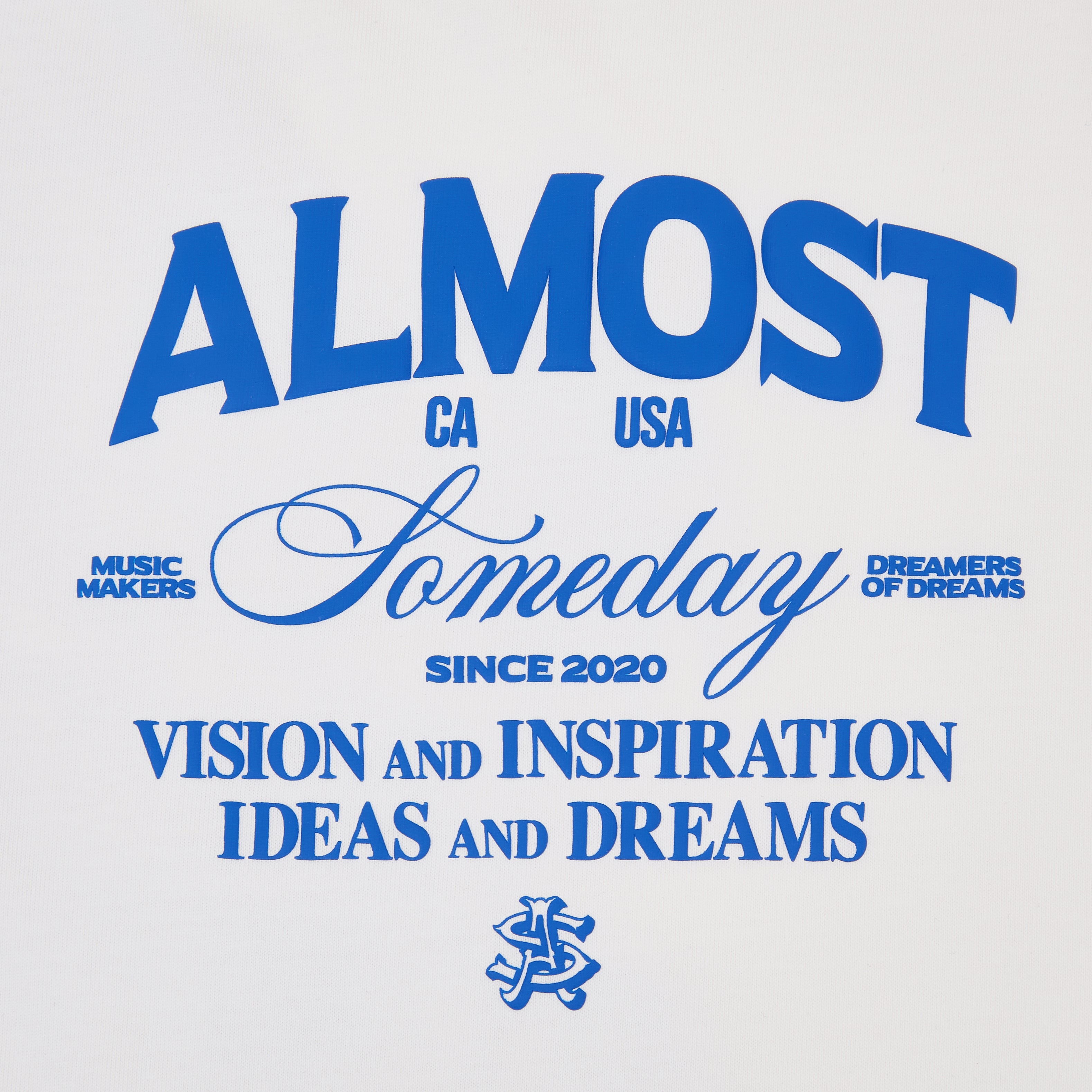 Blue graphics on a cream tshirt with Almost Someday' branding elements.