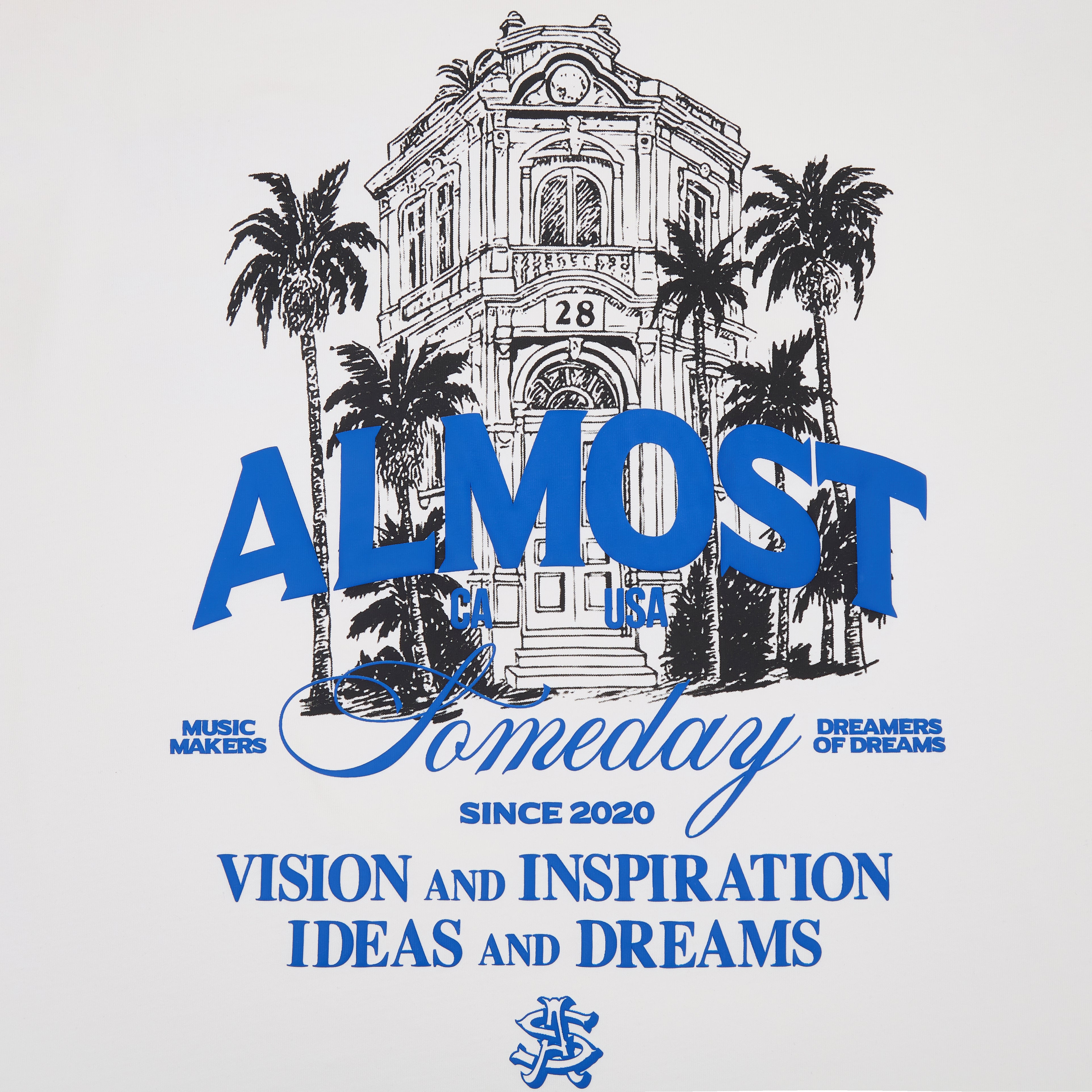 Almost Someday graphic with a building, palm trees, and text on a light gray background
