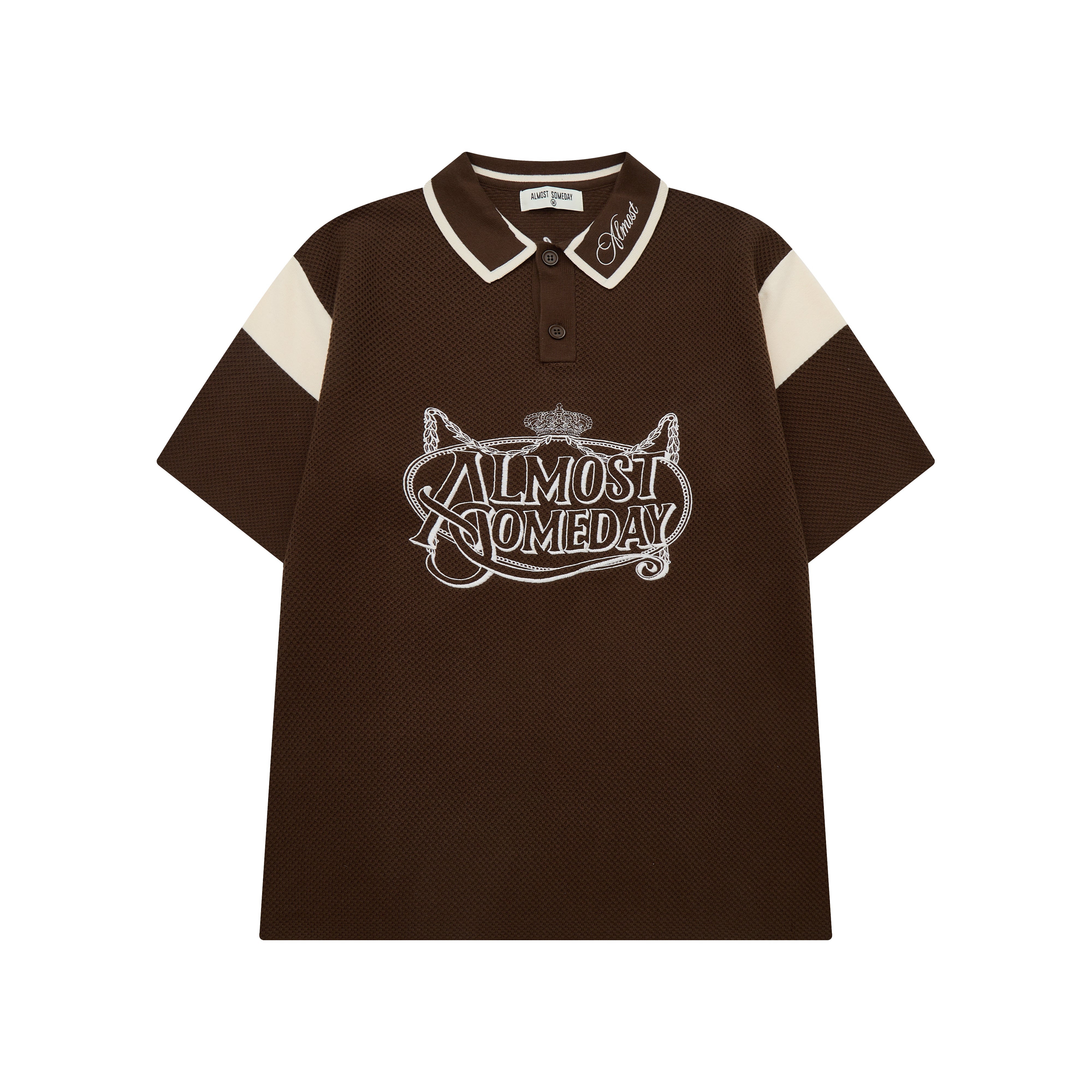 Brown polo shirt with 'Almost Someday' logo on a white background