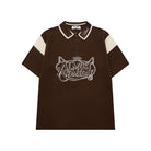 Brown polo shirt with 'Almost Someday' logo on a white background