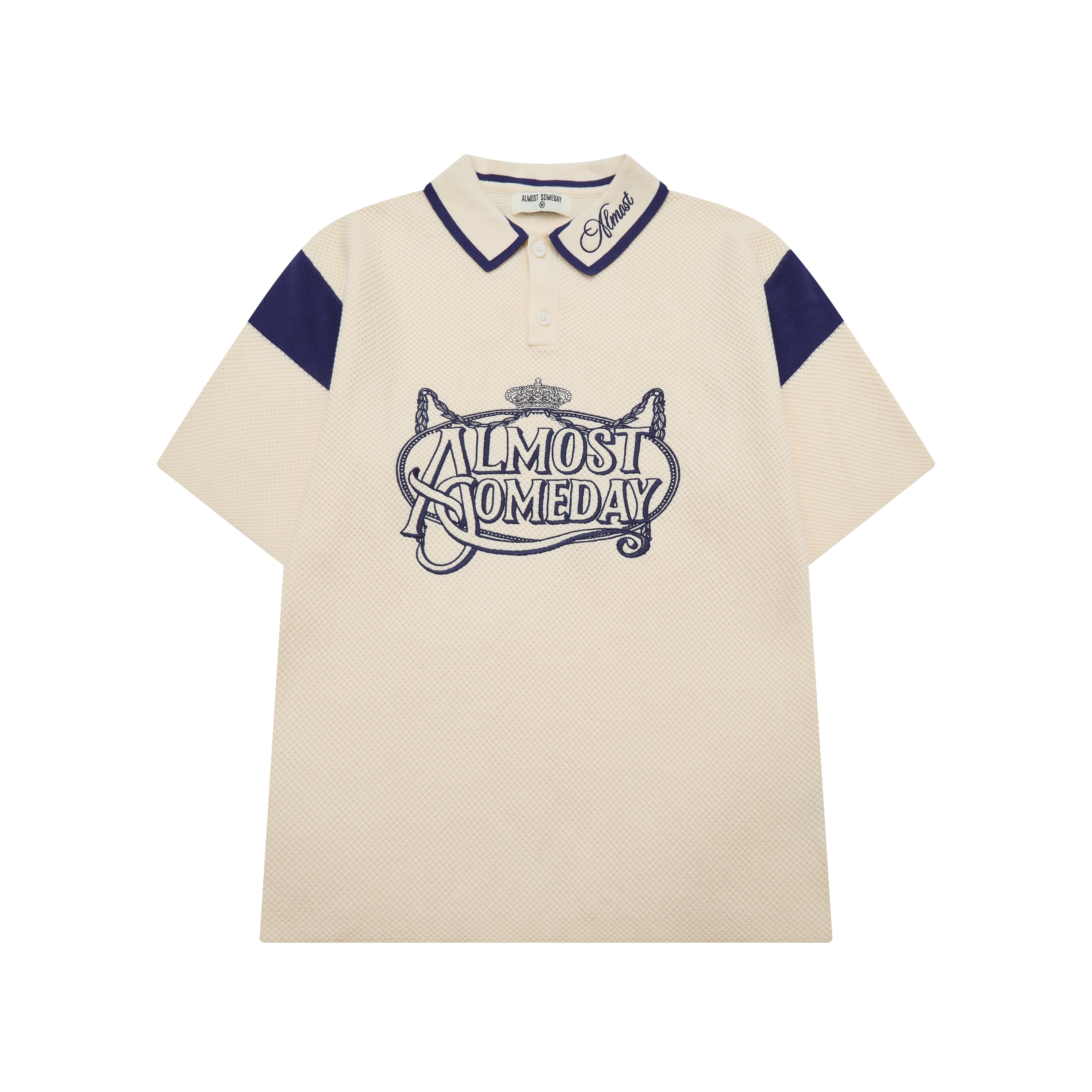Beige polo shirt with blue accents and 'Almost Someday' logo on a white background