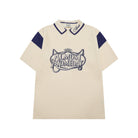 Beige polo shirt with blue accents and 'Almost Someday' logo on a white background