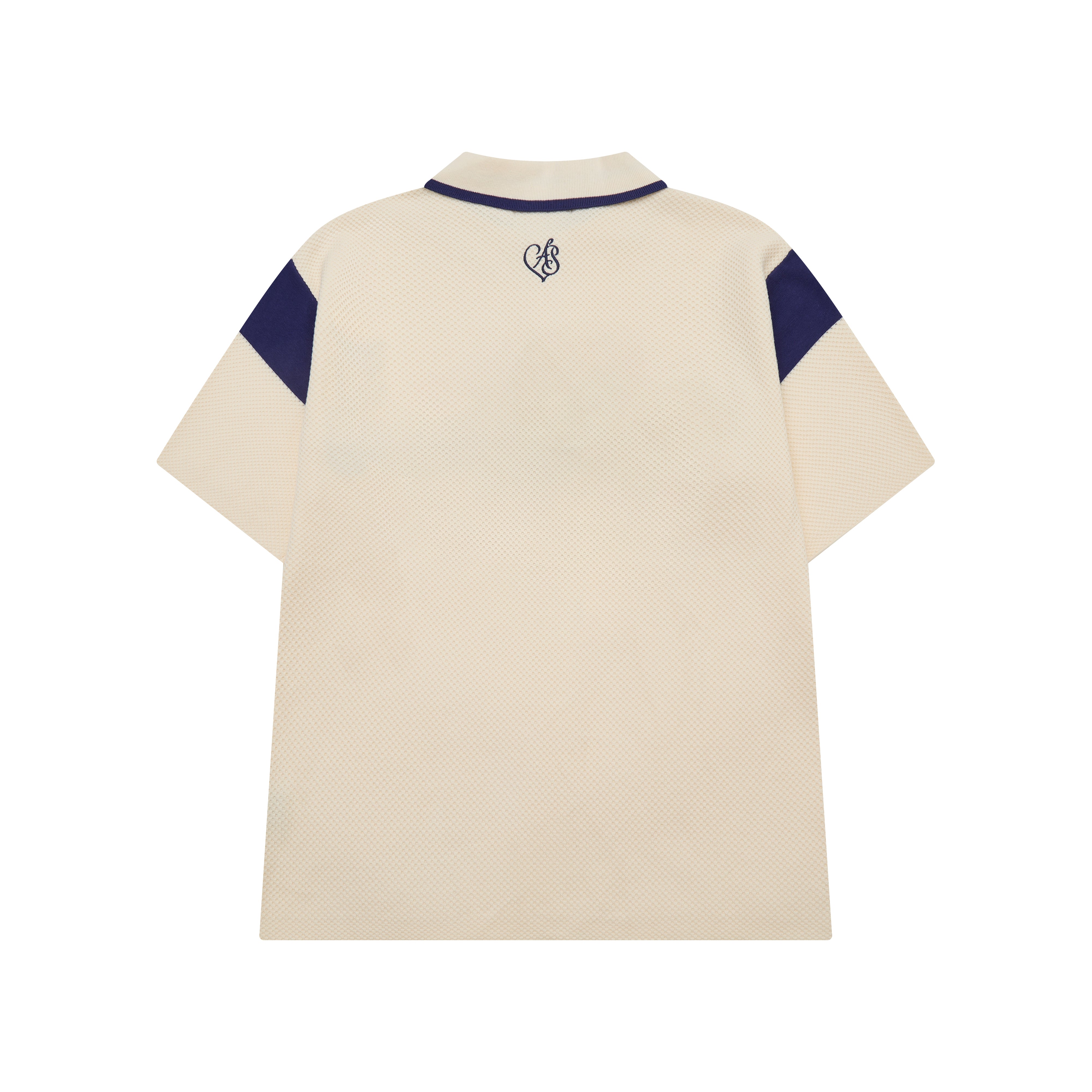 Beige polo shirt with navy accents on a white background