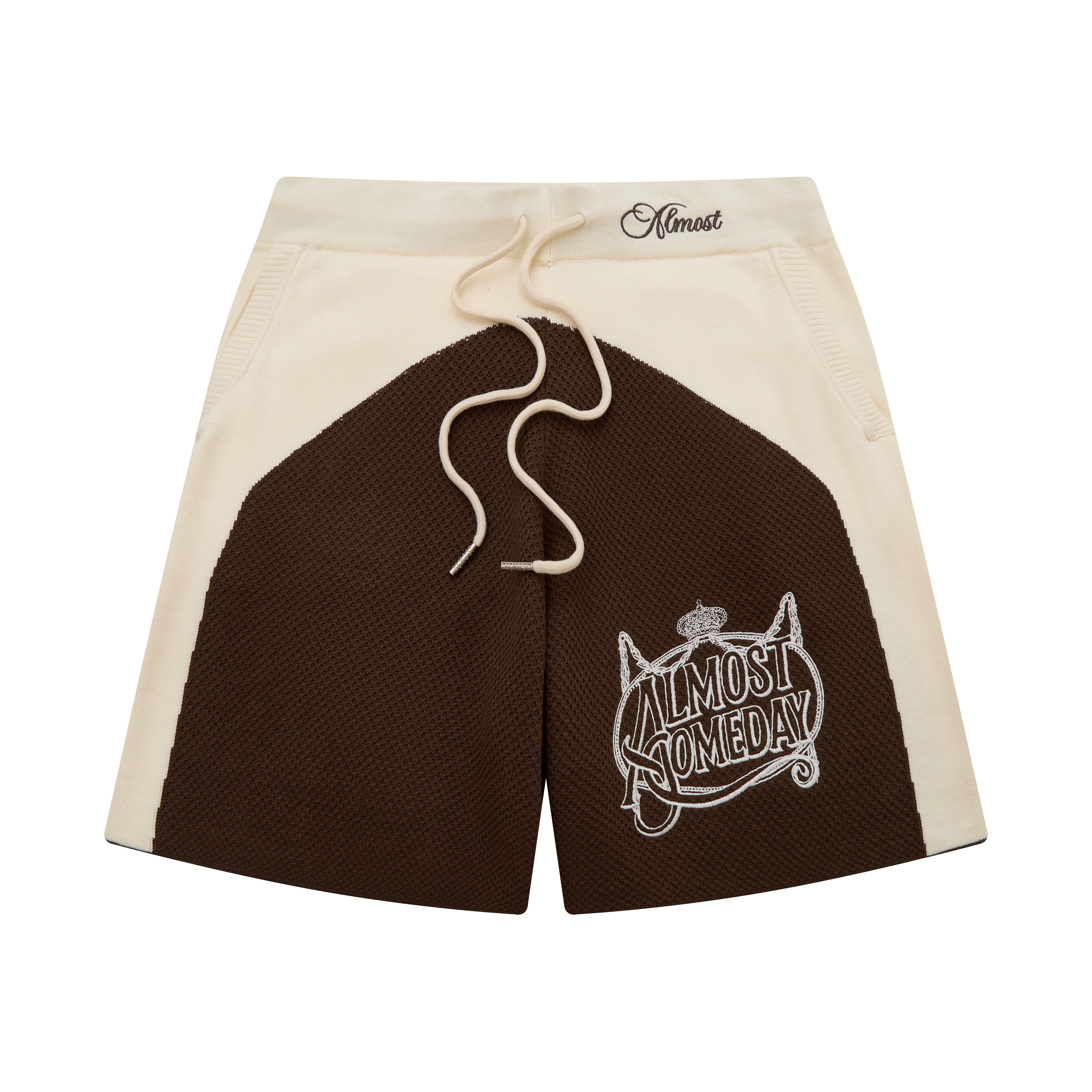 Brown and beige shorts with 'Almost Someday' text on a white background