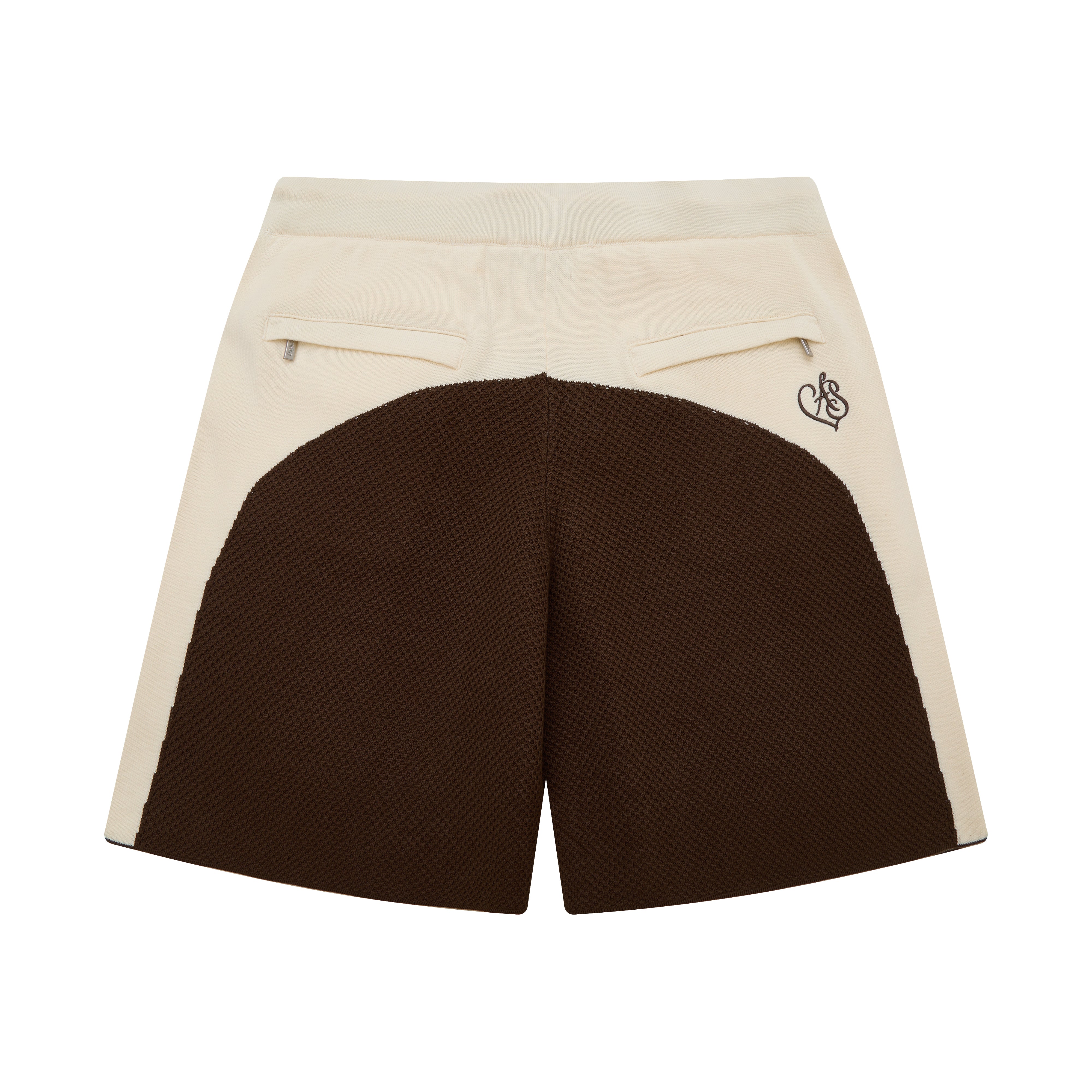 Beige and brown shorts with a logo on a white background