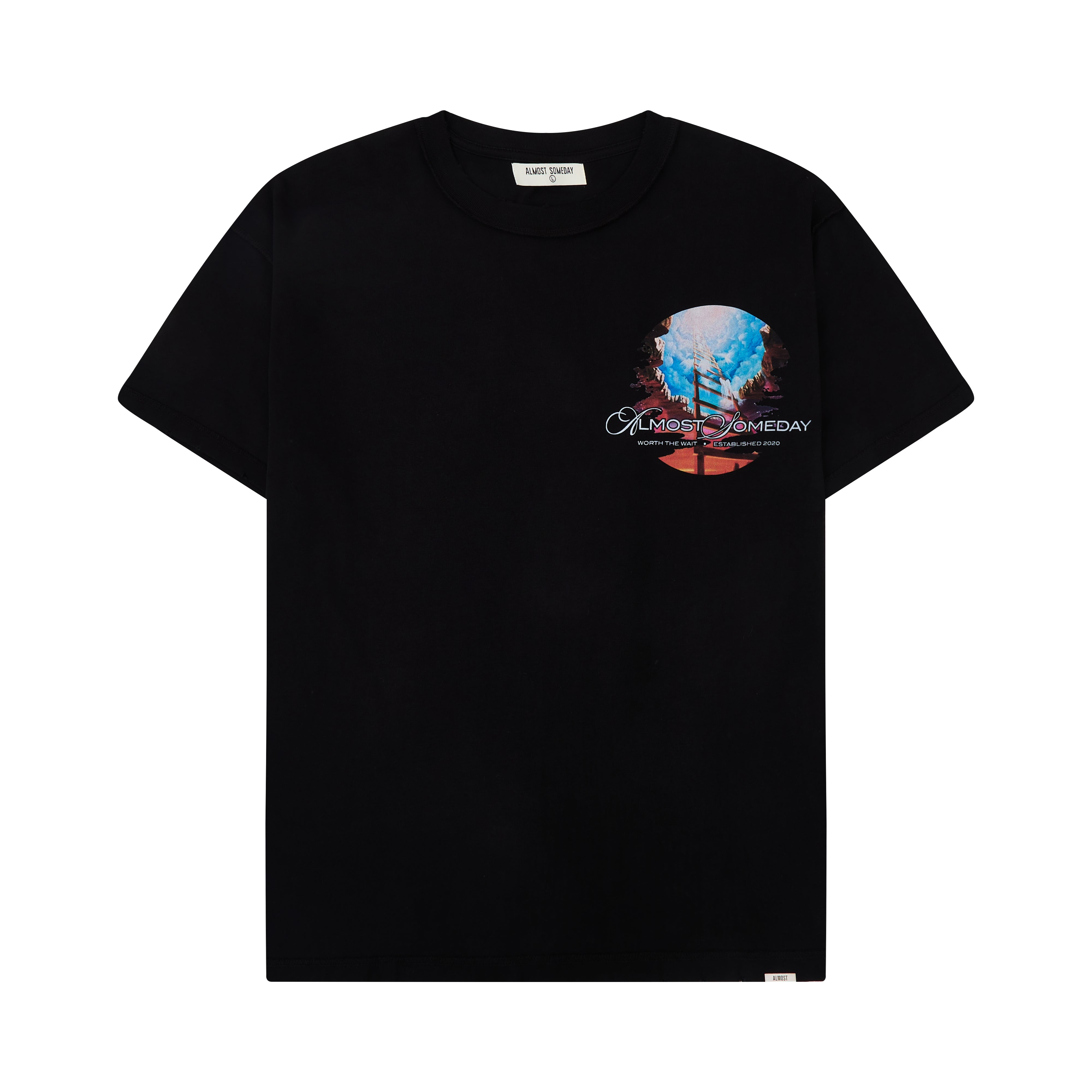Black t-shirt with a colorful graphic design on a white background
