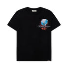 Black t-shirt with a colorful graphic design on a white background