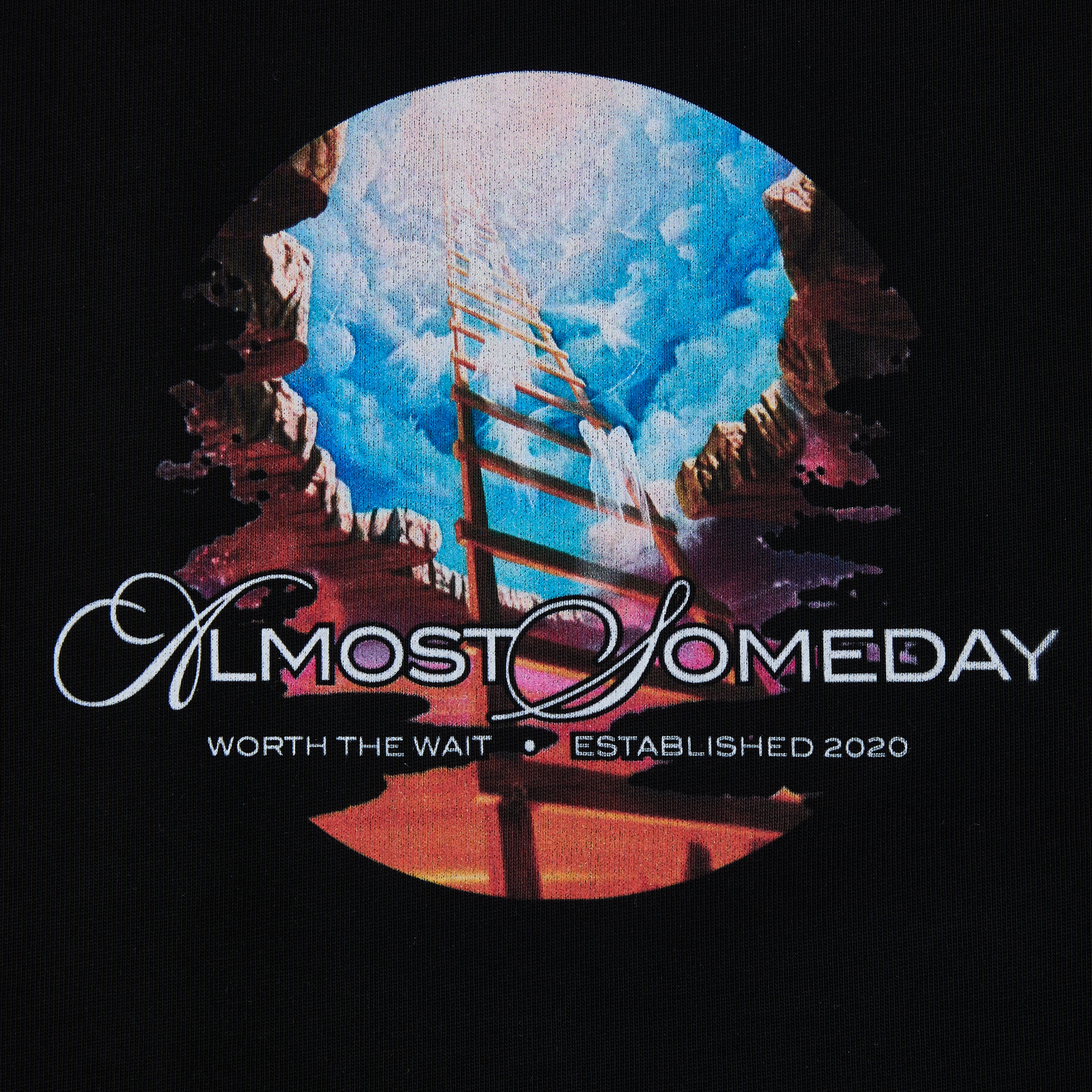 Tshirt graphic with a ladder leading to the moon, 'Almost Someday' branding, and text 'Worth the Wait • Established 2020'.