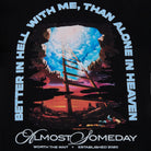 T-shirt design with a ladder leading to heaven and text 'Better in hell with me, than alone in heaven'.