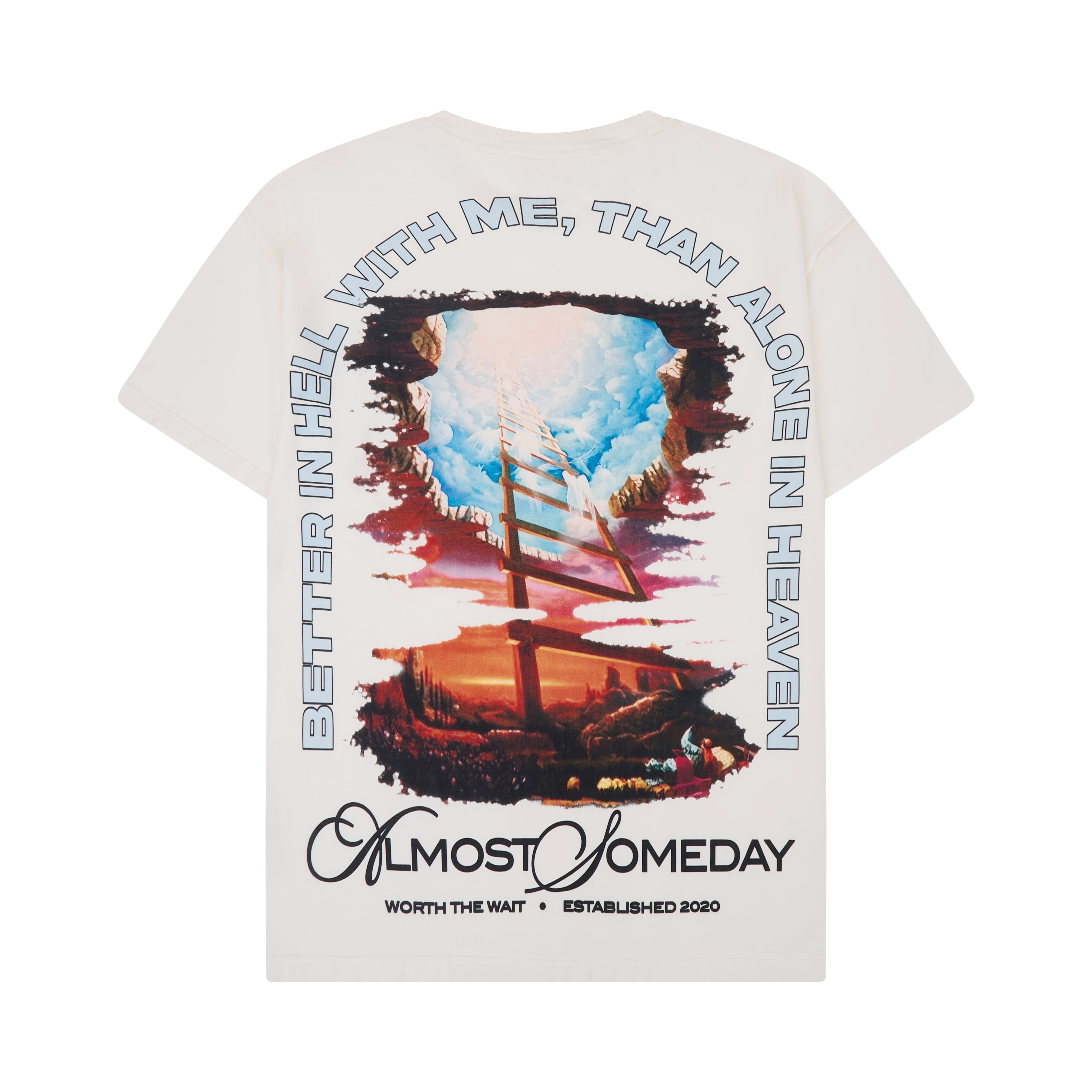White t-shirt with artistic design and text on a white background
