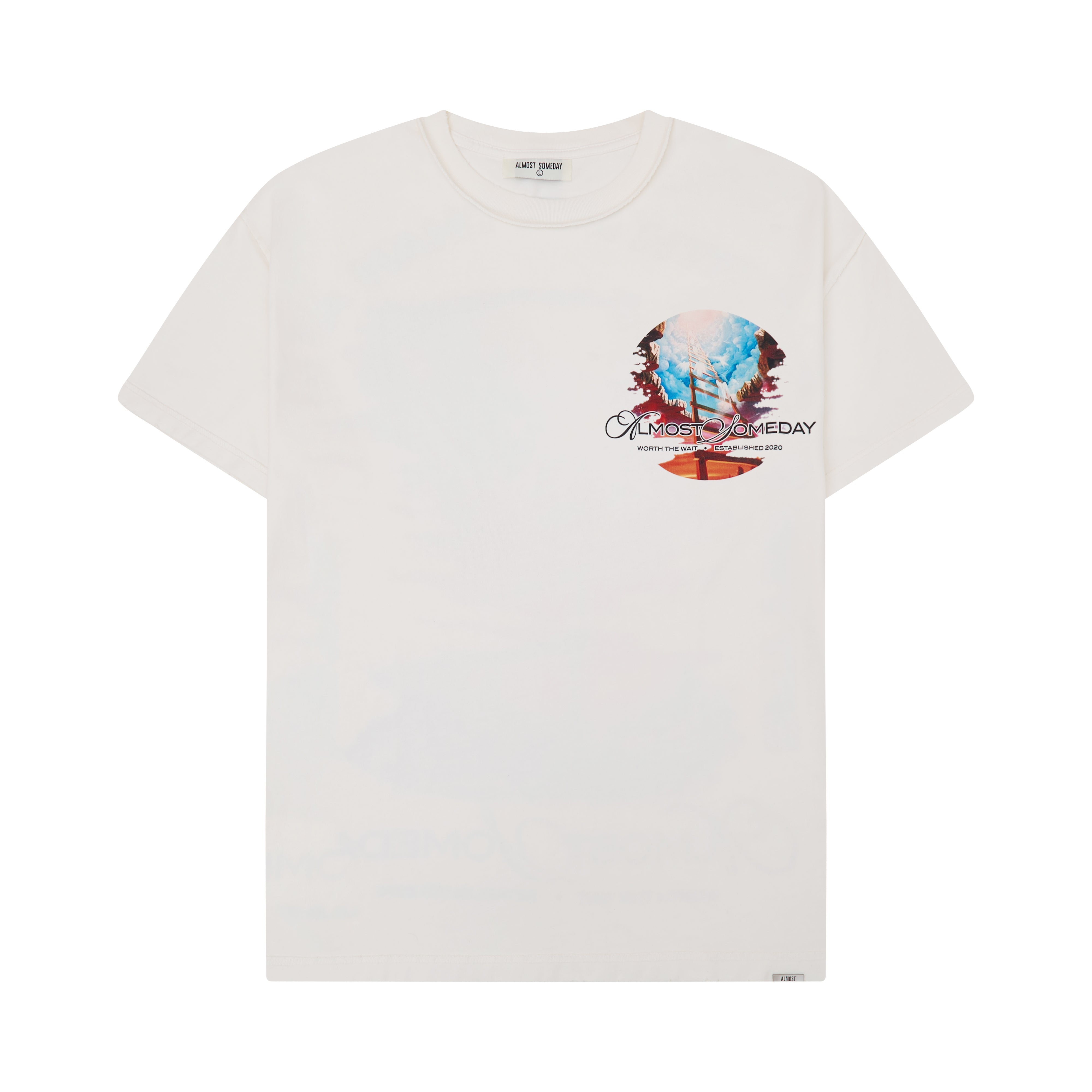 White t-shirt with a colorful graphic design on a white background