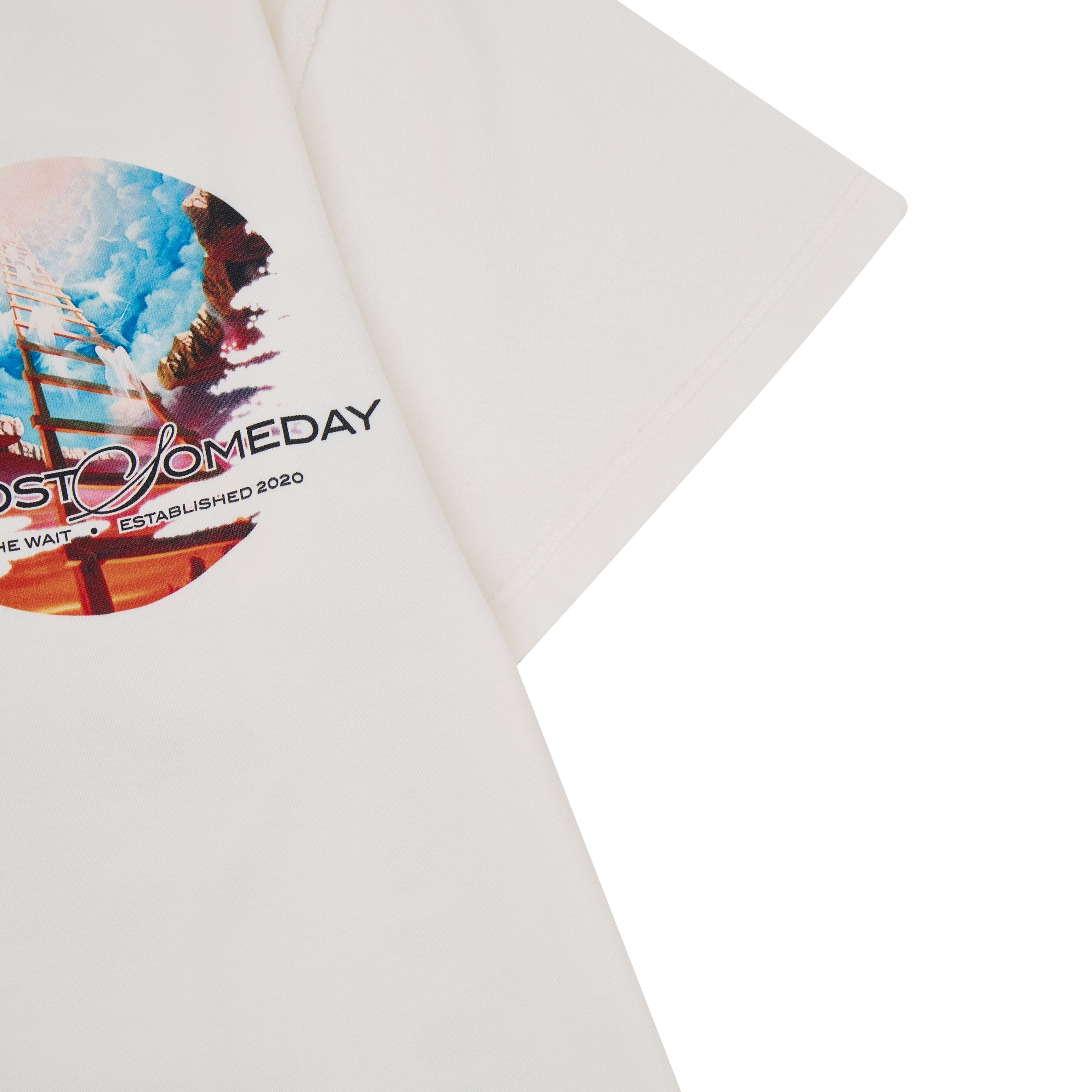 Tshirt with a colorful design and text on a white background